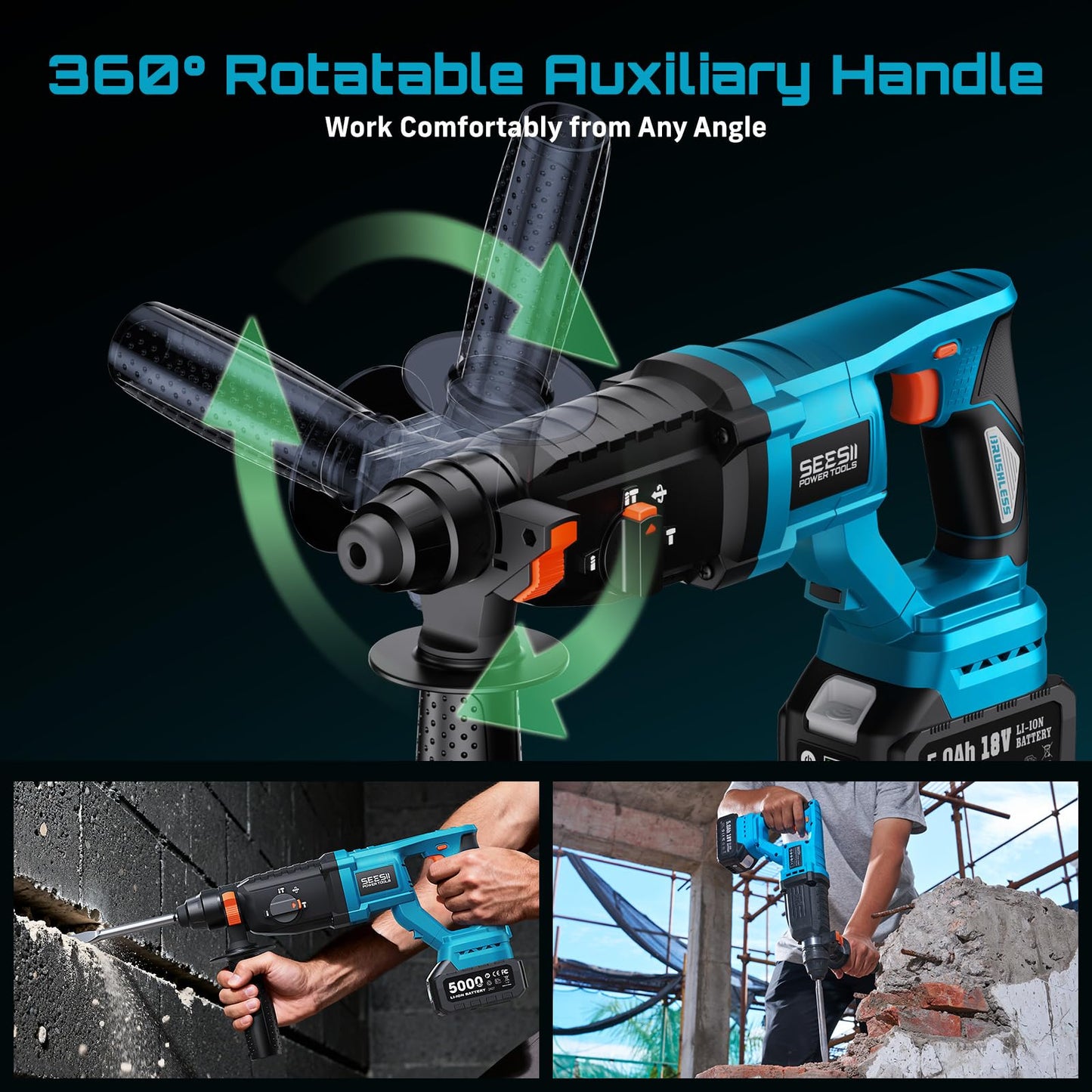 Seesii 1" Cordless SDS-Plus Rotary Hammer Drill with 2x5.0Ah Batteries, 3.2J Impact Energy Brushless Motor, 4-Mode with Kickback protection, Chisels, Drill Bits for Concrete Drilling & Home Renovation