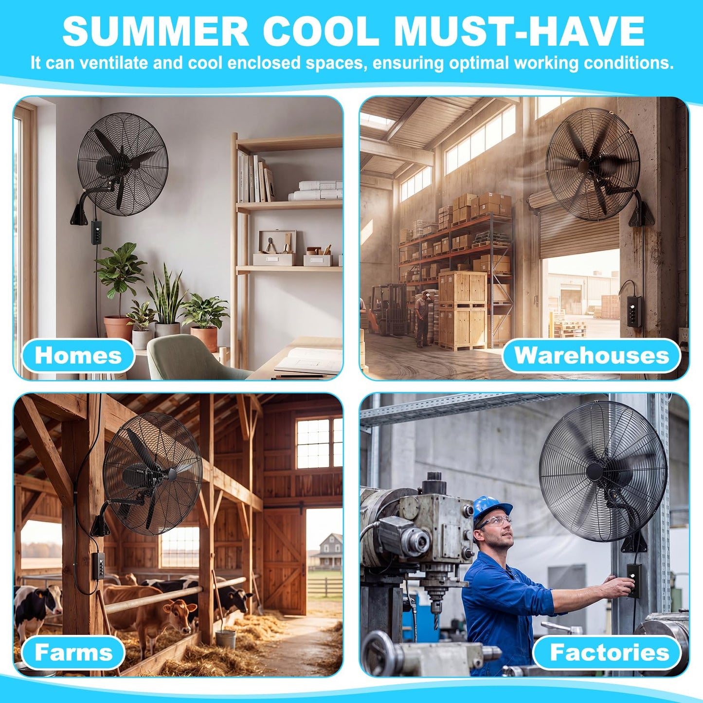 Aurelema 1 Set 27 Inch Industrial Wall Mount Fan Oscillating Heavy Duty Metal 3 Speed Fan, 7500 CFM, with High Velocity Cooling, for Commercial Residential Garage Warehouse Workshops Factory