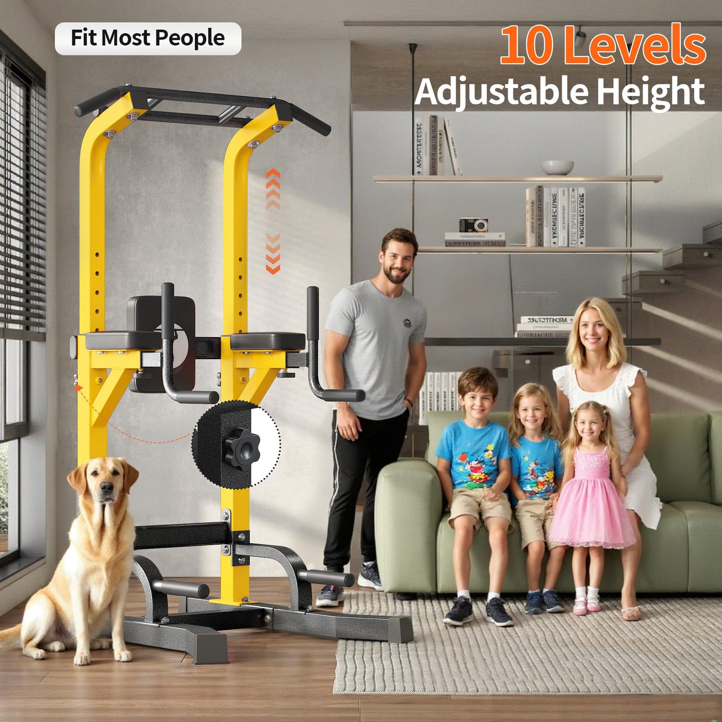 SogesHome Adjustable Pull Up Bar & Dip Station, Heavy Duty 330LB Capacity Multifunctional Home Gym Fitness Equipment for Strength Training, Push Up Stand for Arm, Back, Core & Full Body Workout, Yellow