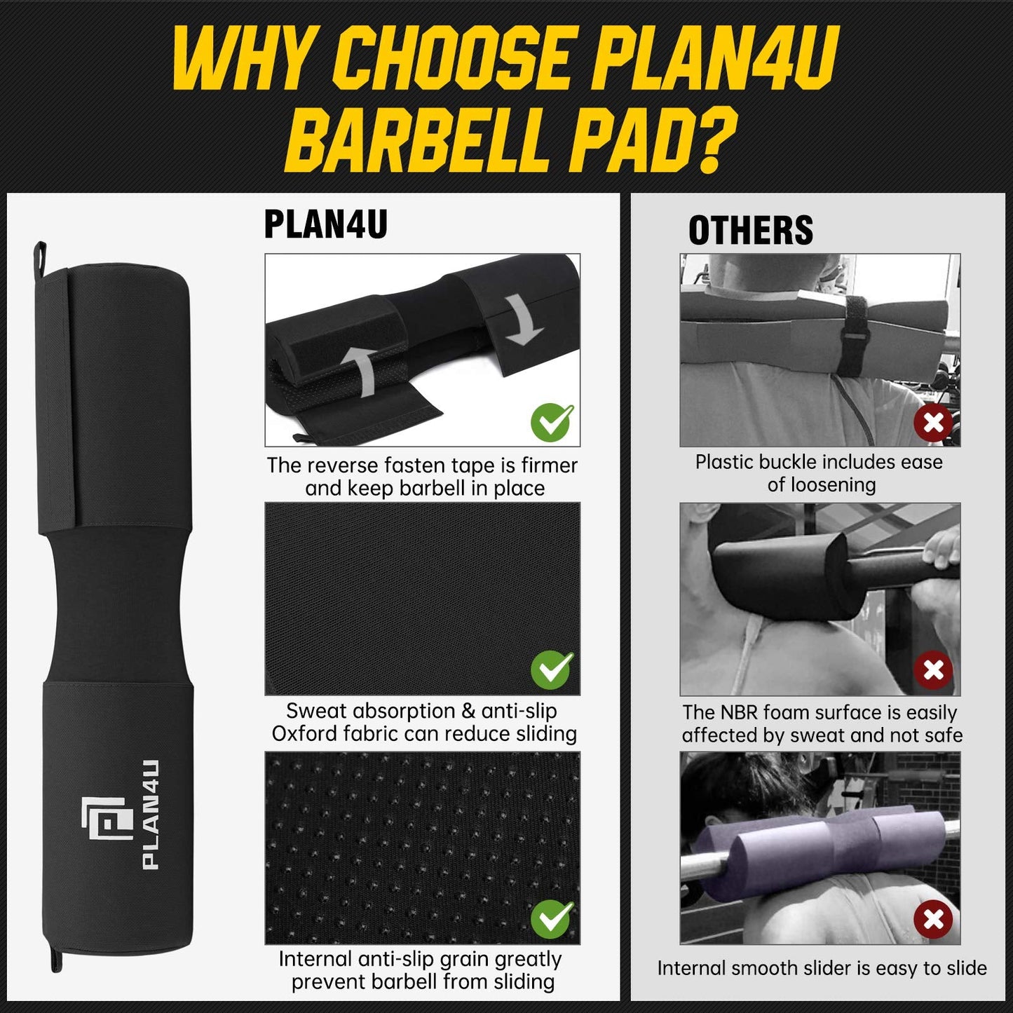 Plan4U Barbell Pad for Men, Squat Pad for Deadlifts/Bench Press, Shoulder/Neck Support, Weight Lifting Bar Cushion Workout Foam Hip Thrusts Foam Sponge Pad, Black