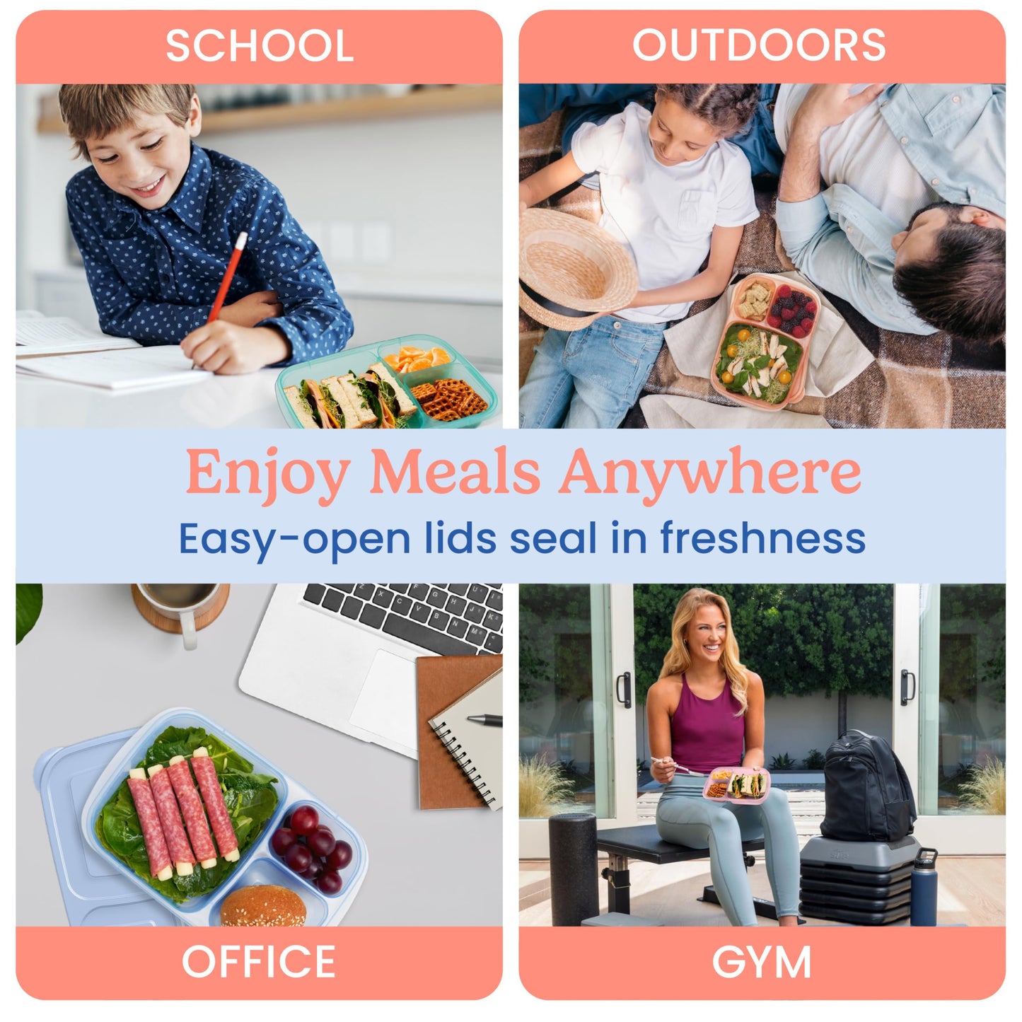 Bentgo Easyboxes - Original Stackable Lunch Boxes - Reusable 3-Compartment Food Containers for Kids and Adults - Bento Lunch Box for Meal Prep, School, & Work - BPA Free, (Pastels (4-Pack))