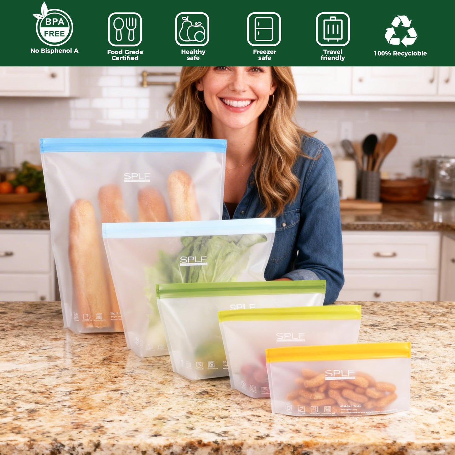SPLF 10 Pack Stand-Up Reusable Food Storage Bags Dishwasher Safe, BPA Free Reusable Freezer Bags, Extra Thick Leakproof for Meal Prep, Sandwich, Bread, Veggies - 3 Gallon 4 Quart 3 Snack