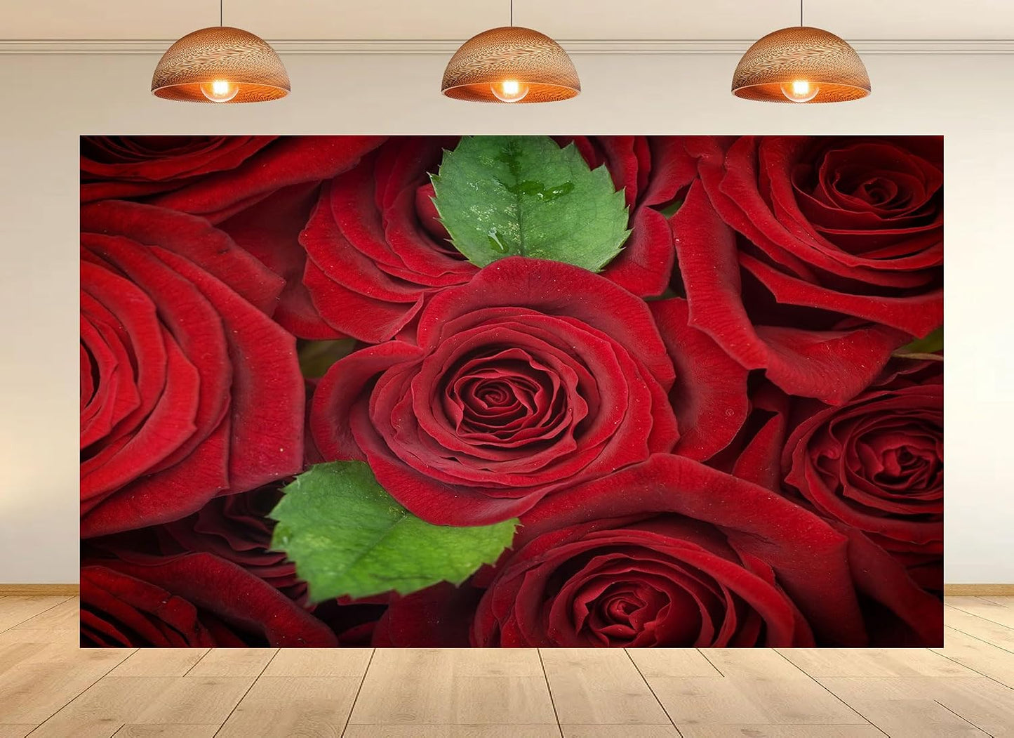 UPXIO 10x10ft Red Roses with Green Leaves Backdrop Romantic Floral Bouquet Photo Background Tapestry for Valentine's