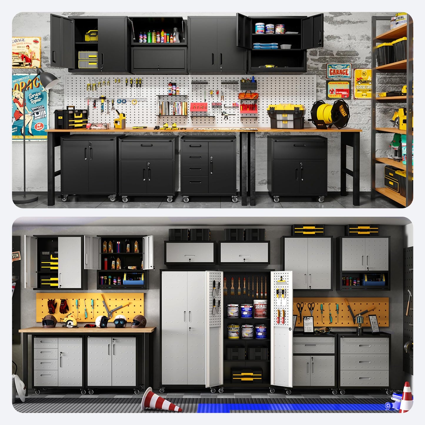 VIYET Metal Tool Cabinet,Garage Storage Cabinet System,Wall Cabinet & Locking Rolling Tool Cabinet with Doors and Adjustable Shelves,Steel Tool Cabinets for Home