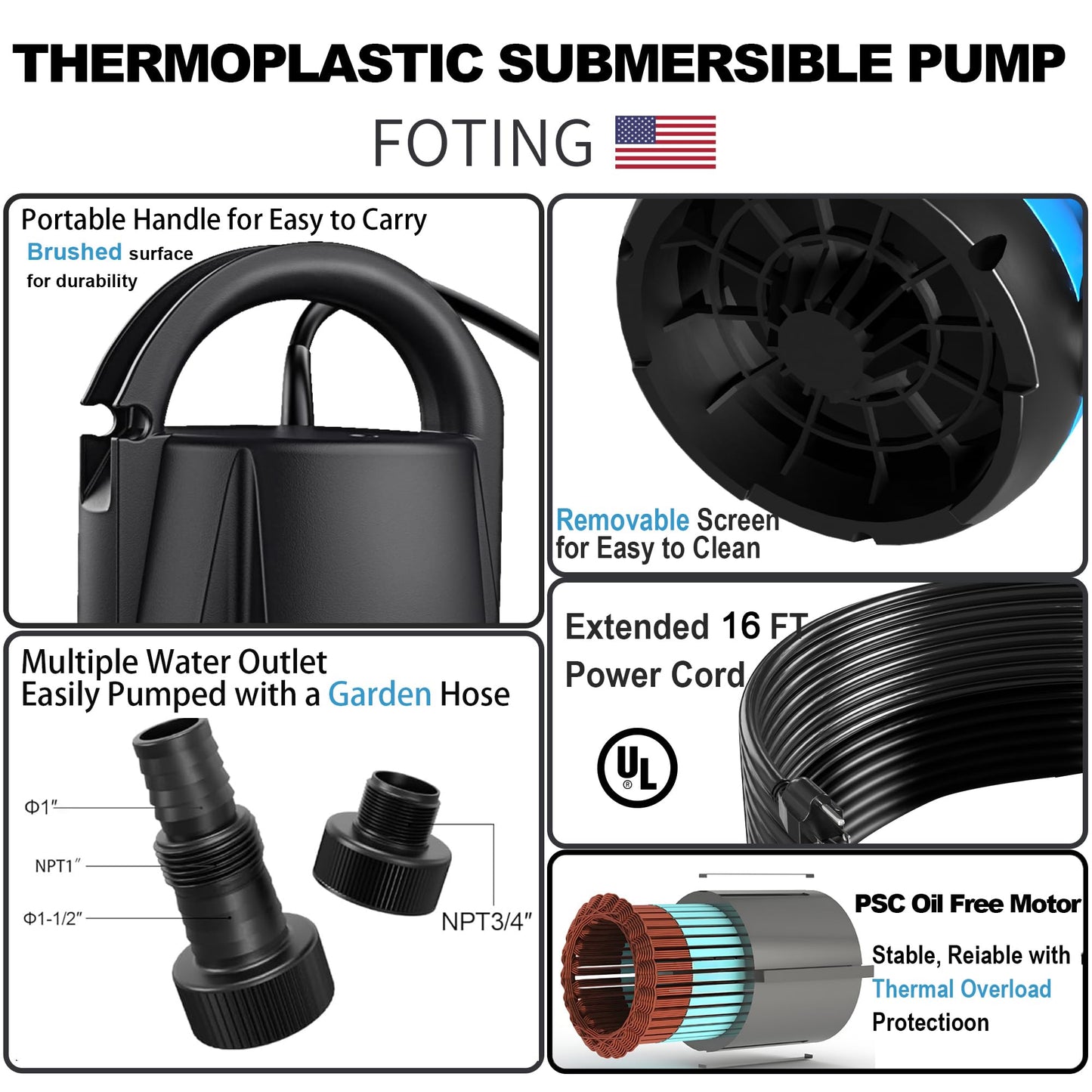 FOTING Sump Pump with 50FT Pool Backwash Hose 1-1/2 IN, 1HP Clean/Dirty Submersible Water Pump, 4600GPH Utility Pump Thermoplastic Electric Portable Transfer Water Pump for Swimming Pool Garden Pond B