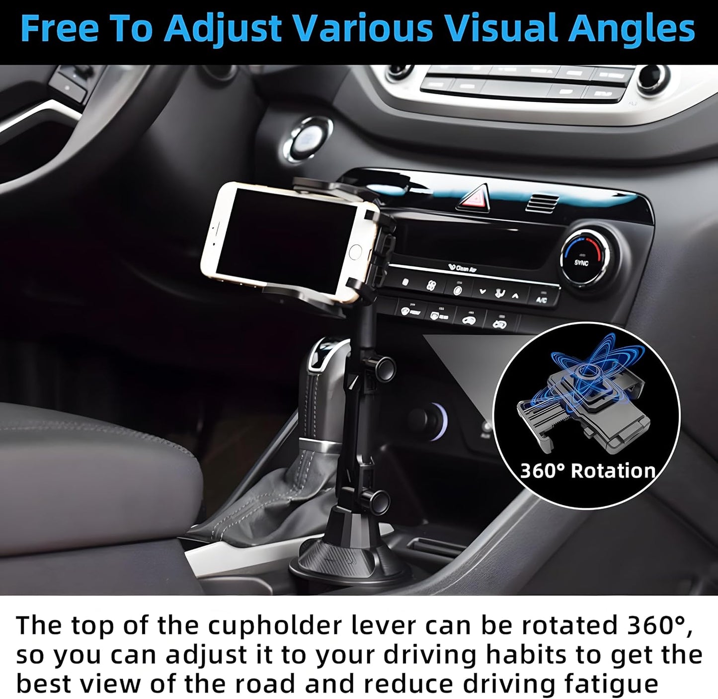 Bokexing 360 Car Cup Holder Phone Mount, Automotive Rotatable Adjustable Gooseneck Height Cell Phone Cradle Mount