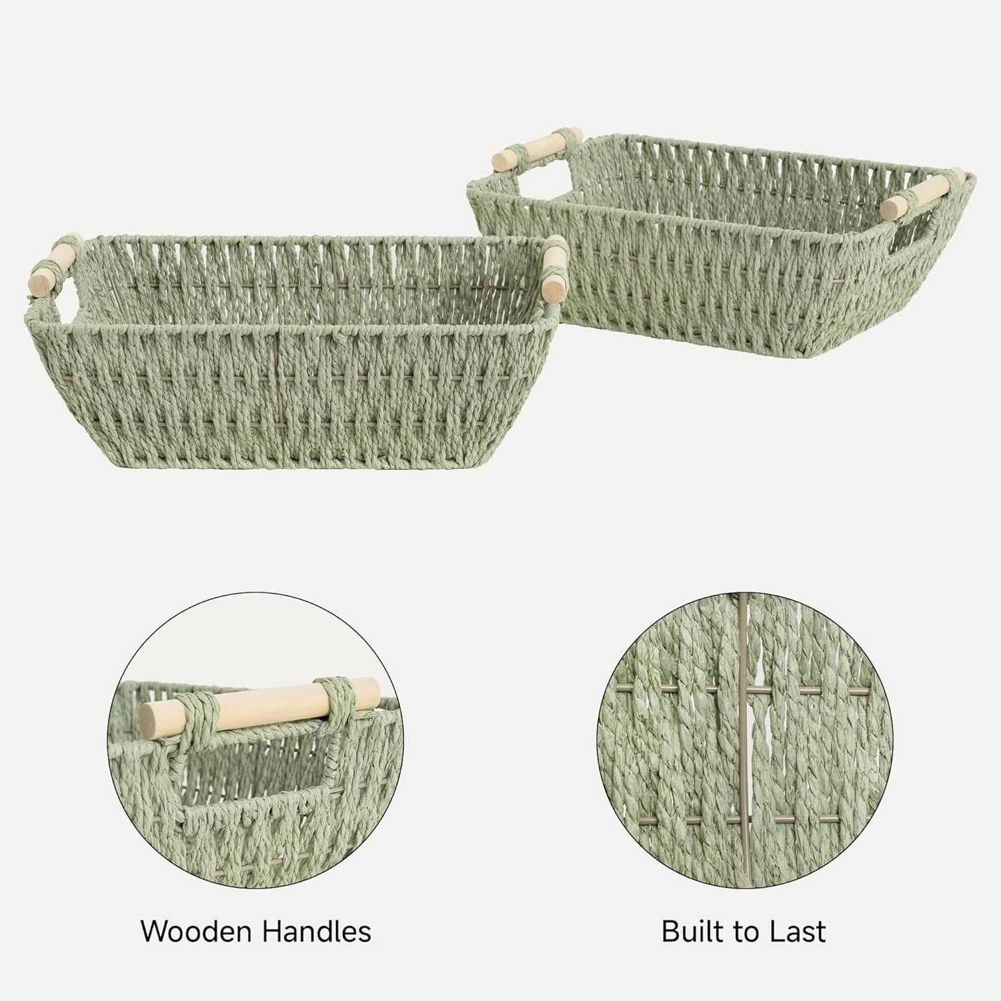 StorageWorks Large Wicker Storage Baskets - Organize with Wooden Handles, Bosana Green, 2-Pack
