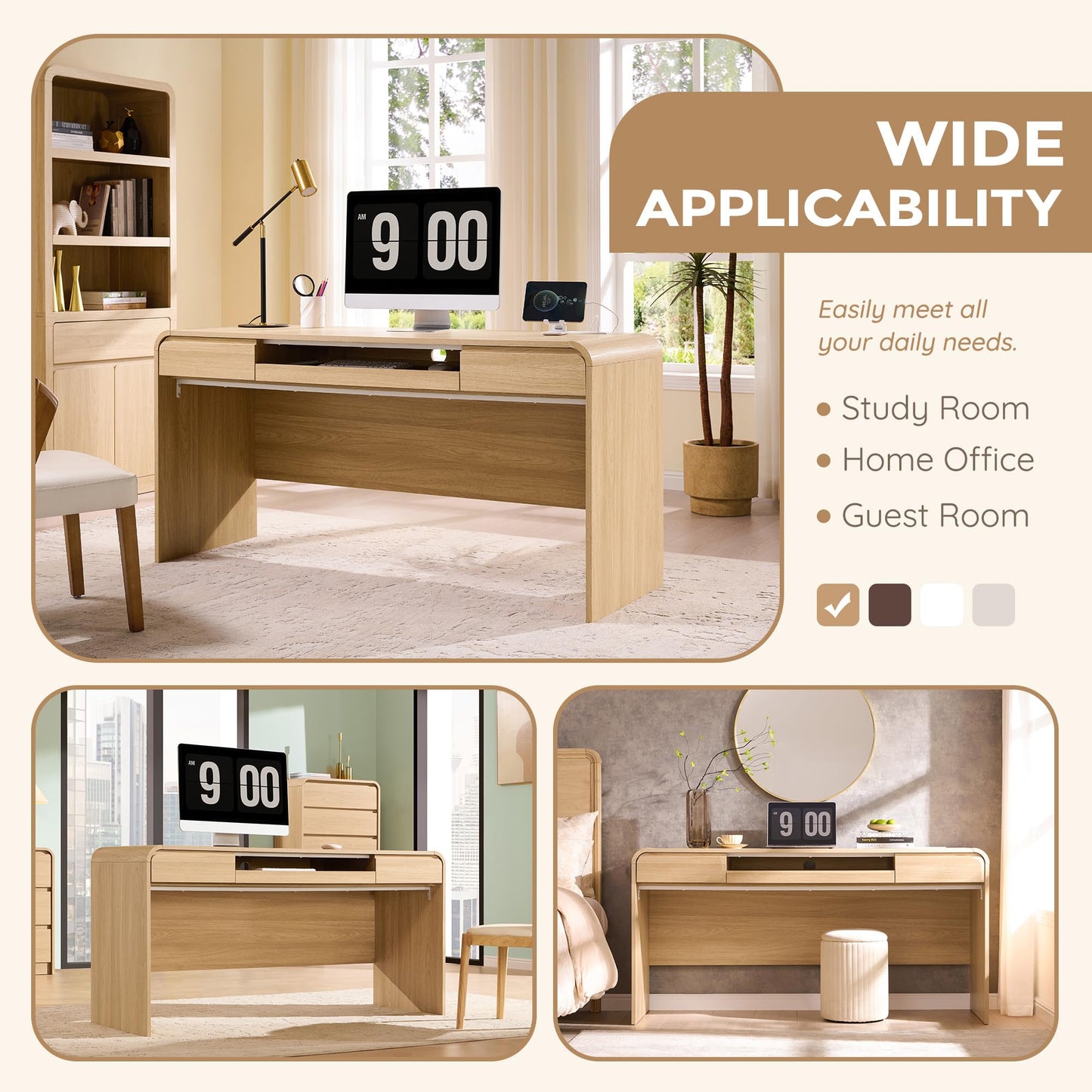 ALLTUFO 63" Modern Computer Desk with 2 Drawers, Wood Curved Executive Desk with Keyboard Tray & Power Outlet, Writing Desks with Storage for Home Office, Study Room, Living Room (Natural)