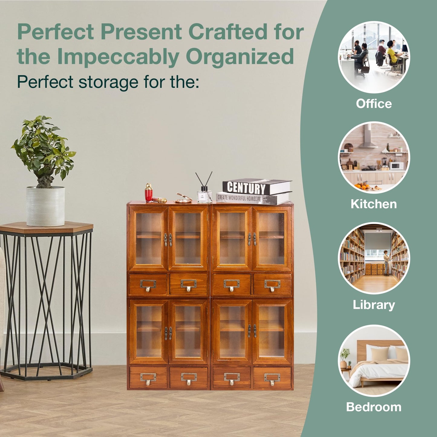 Stackable Modular Set of 4 Mini Cupboards - 8-Drawer Pantry Storage Cabinet - Dark Mahogany Wood Cabinets with 4 Glass Doors and 8 Shelves - Shelf Cabinet Storage Organization, Fully Assembled