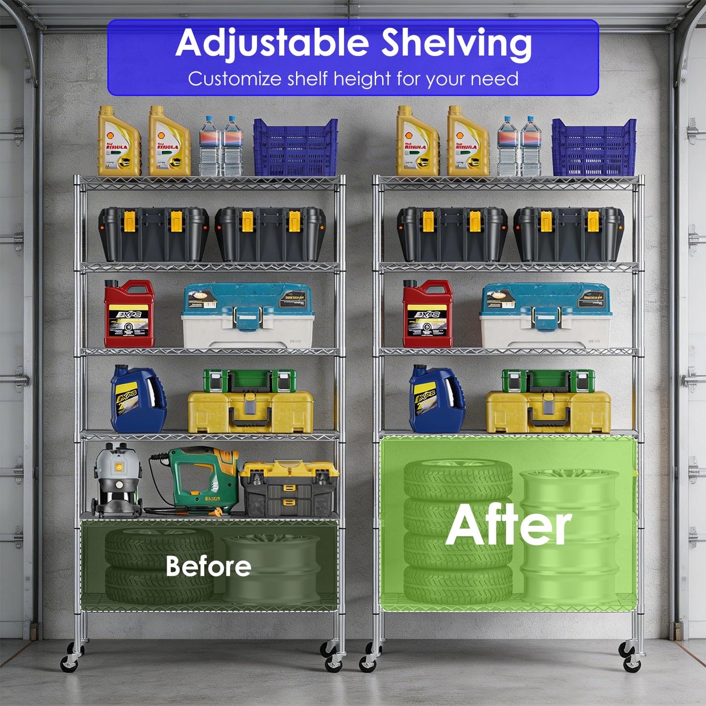 FDW 45"L×18"W×82"H Wire Shelving Unit Storage Cart Metal Shelf Rolling Utility Cart 2100Lbs Capacity with 6 Tier Casters Adjustable Layer Rack Strong Steel for Restaurant Garage Pantry Kitchen,Chrome