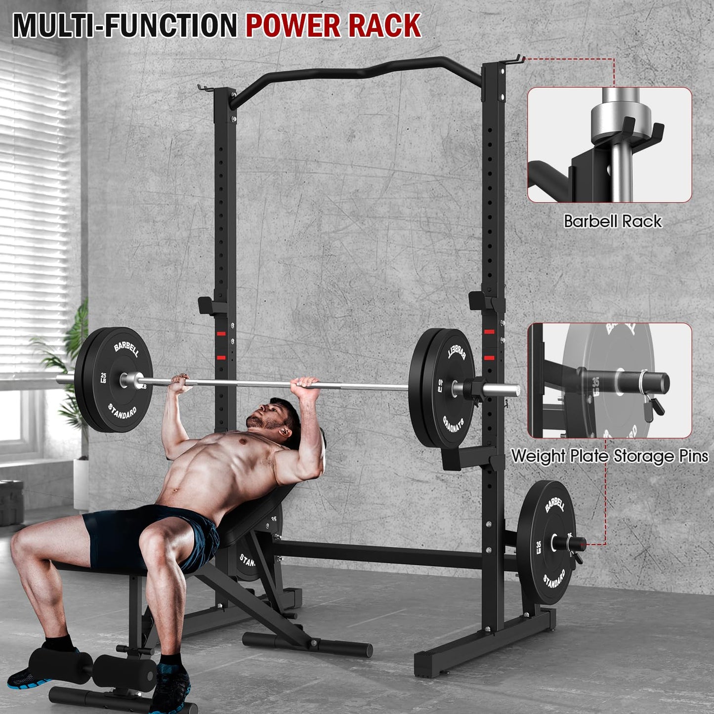 DONOW Olympic Weight Bench with Squat Rack Adjustable Workout Bench with Rack for Bench Press Sthrength Training (Black with Safety Catched)