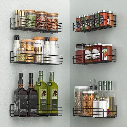 Moforoco Spice Rack Organizer - Wall-Mounted 6-Pack Black Shelves for Kitchen & Pantry Storage
