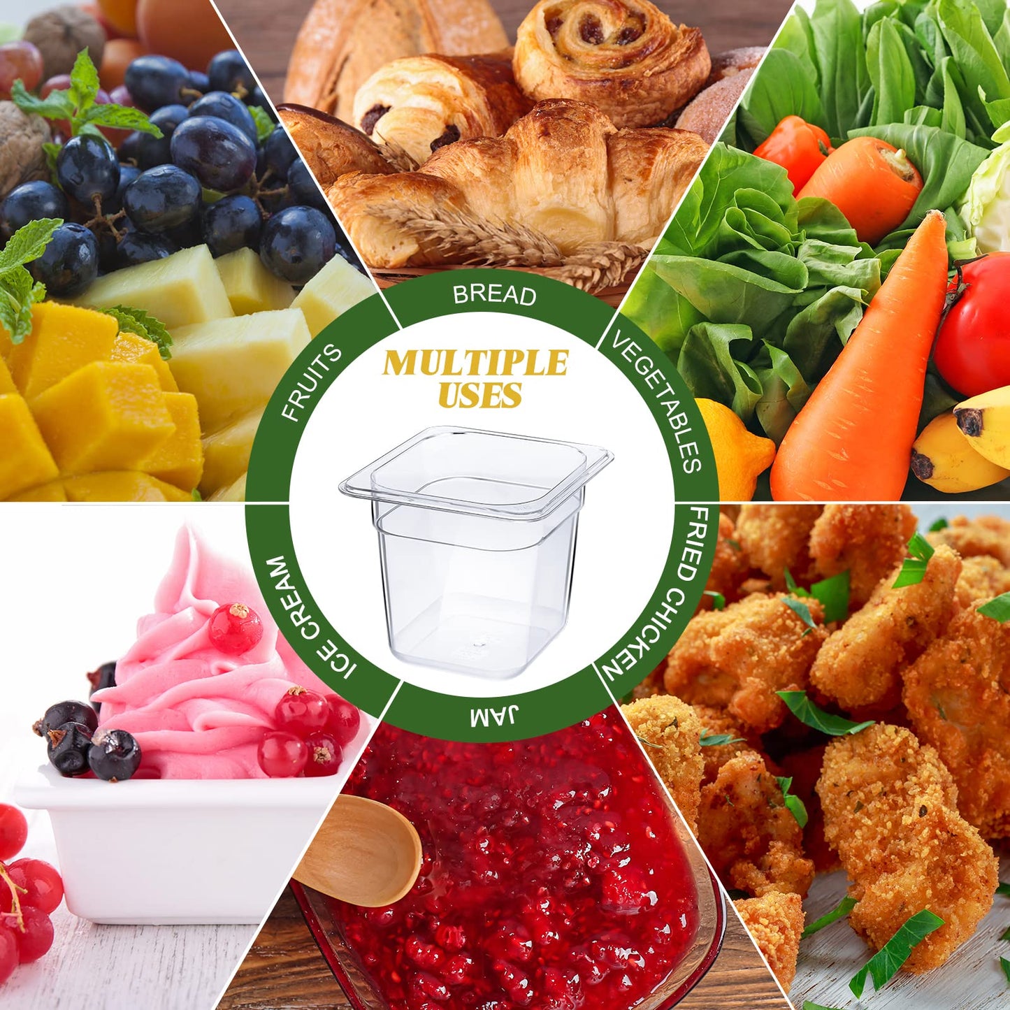 Yinder 24 Pcs Plastic Clear Food Pans 1/6 Size Stackable Polycarbonate Food Containers with Capacity Indicator Restaurant Commercial Hotel Pan for Fruits Vegetables Beans Corns (6'' Deep)