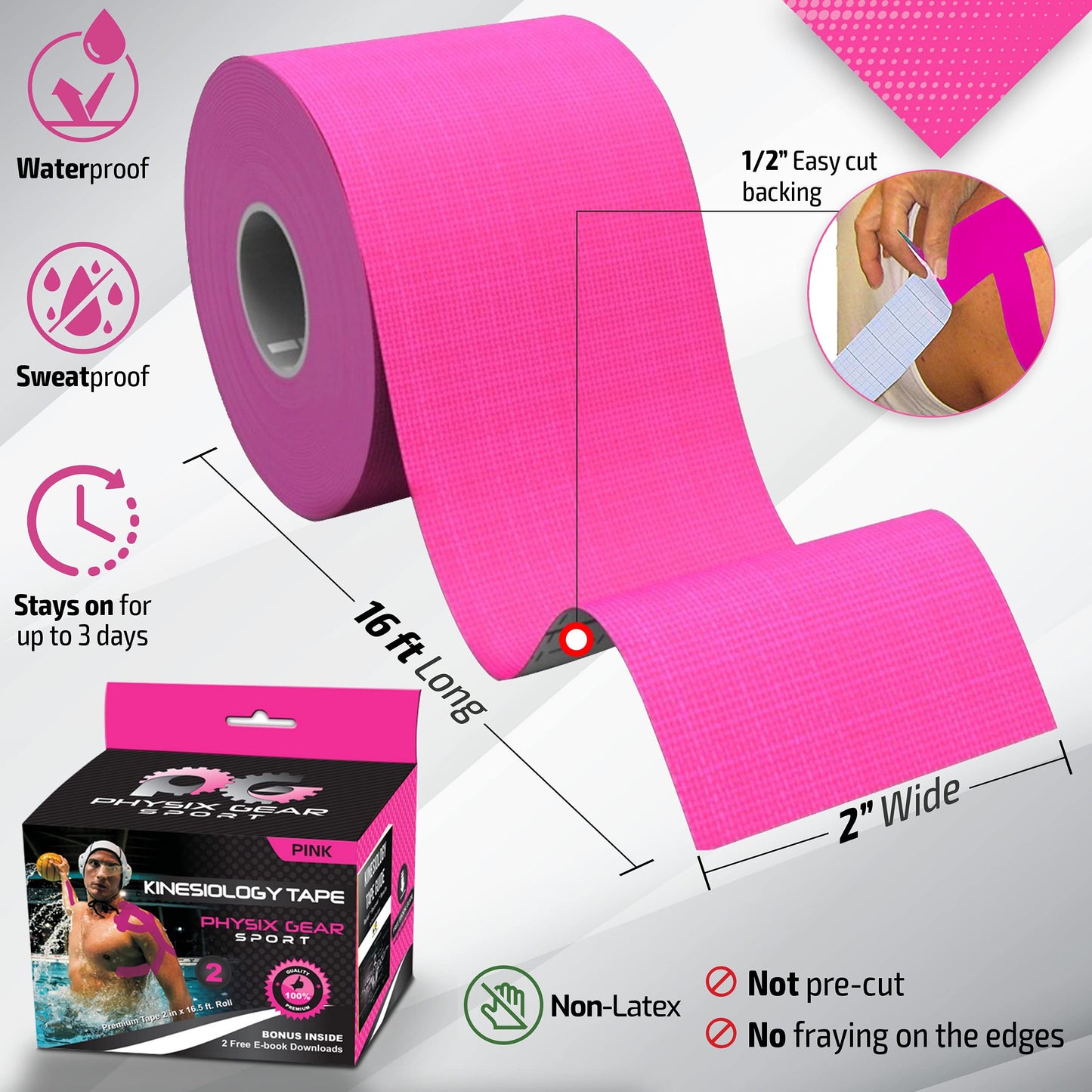 Physix Gear Cotton Kinesiology Tape Roll 16ft, Latex-Free Athletic Tape for Muscles/Joints, Waterproof Kinesiolgy, Stretchy Kinesiologytape, Gentle on Skin Kiniseaology Tape, Pink (1 Pack), 5m