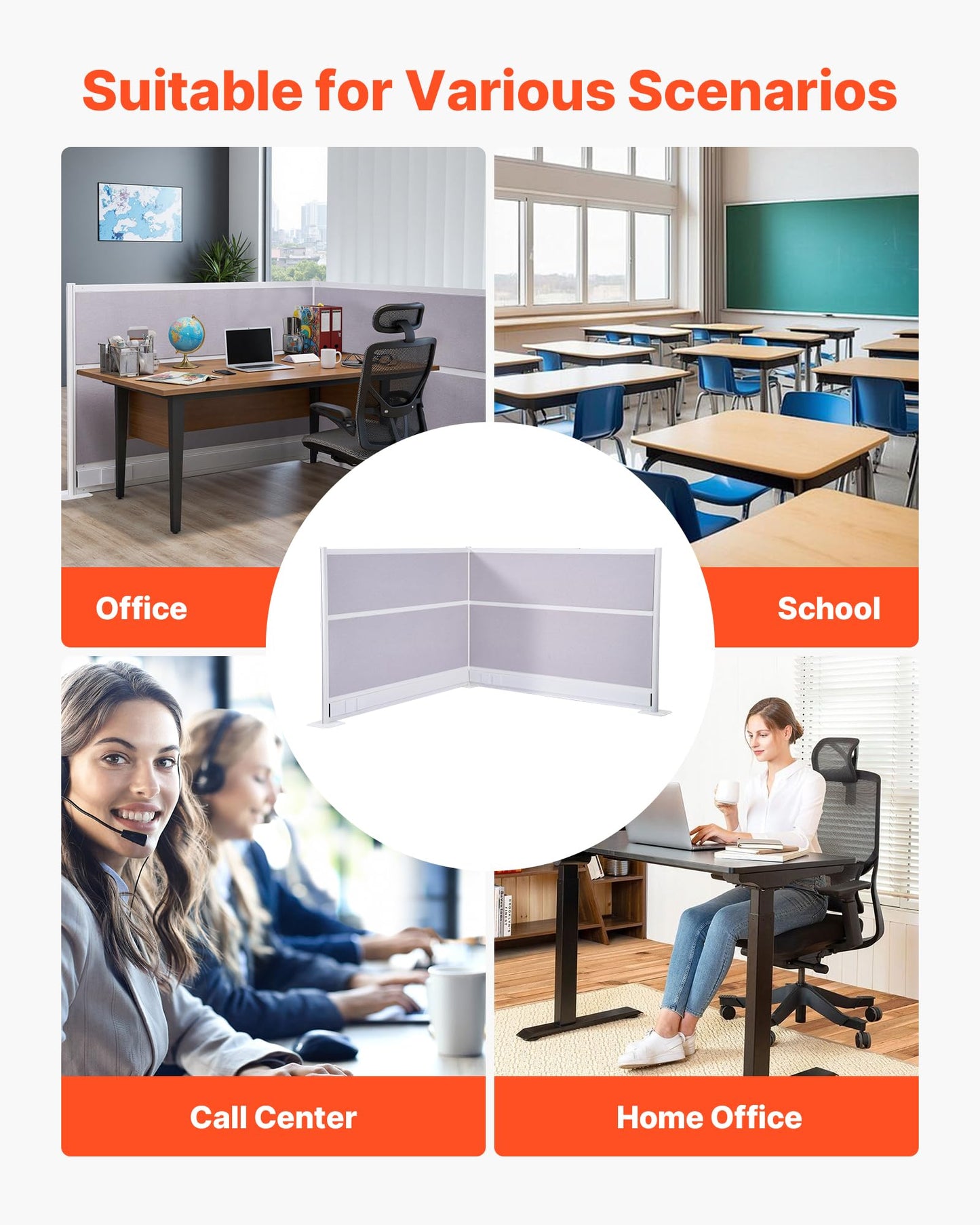 VEVOR Office Divider Privacy Partitions, 2-Pack, 72" x 48" Room Divider Walls, PET Workstation Cubicle Partition with Outlet Covers, Freestanding Privacy Panels for Office Library School