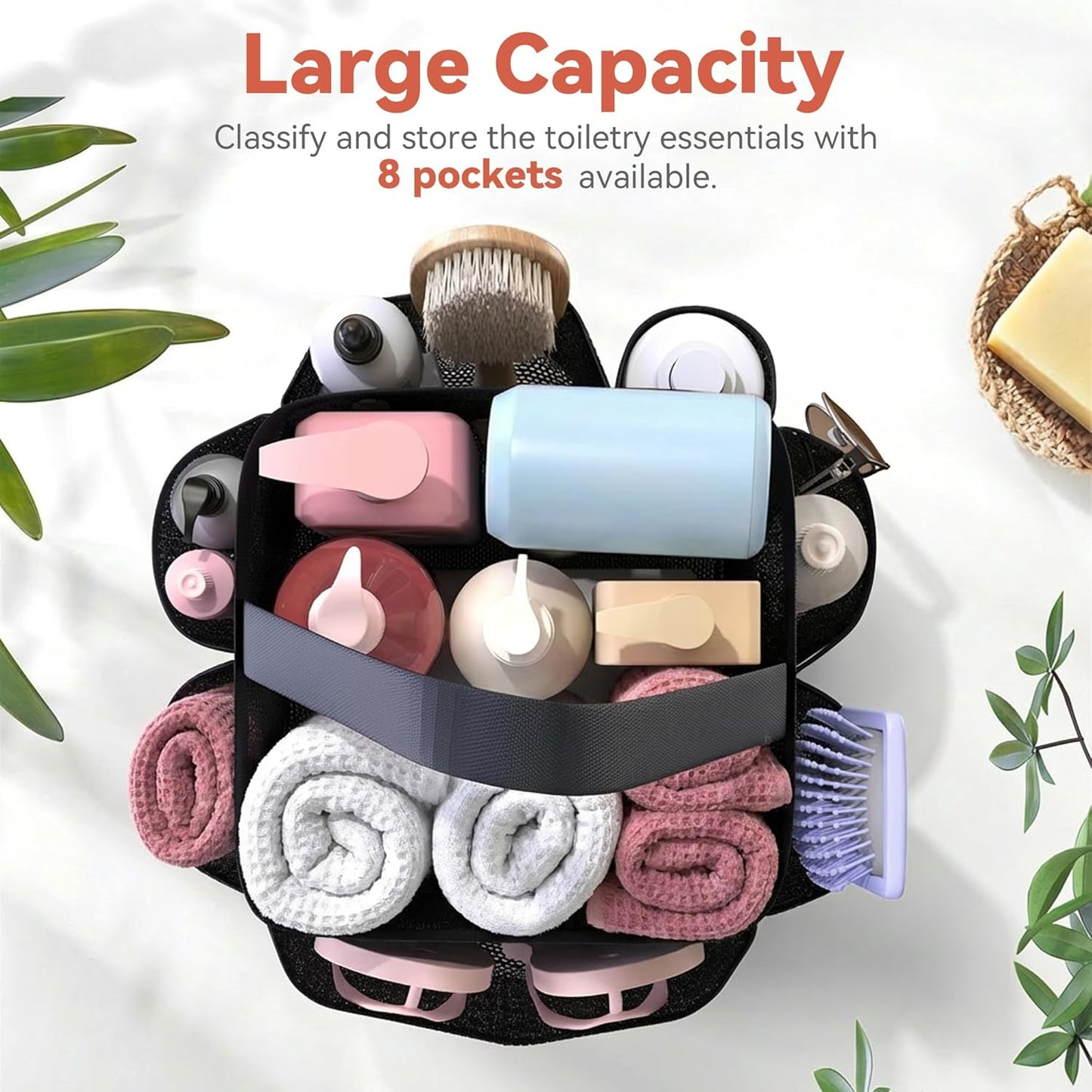 YASONIC Portable Mesh Shower Caddy - 8 Pocket Hanging Organizer for College Dorm Essentials | Black