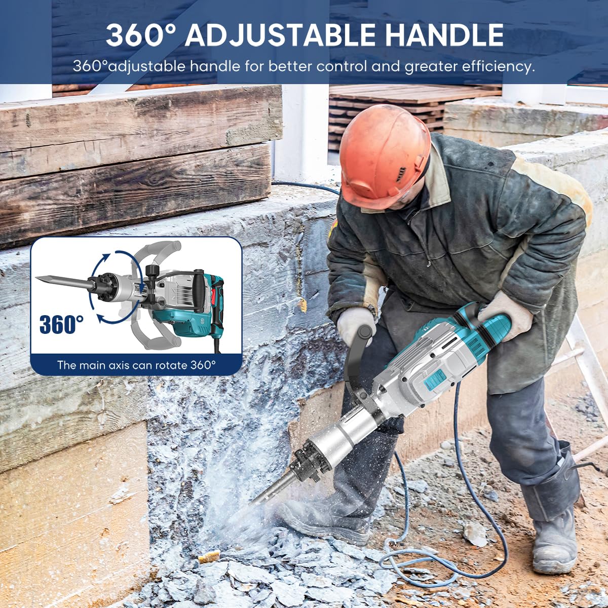 ENEACRO Demolition Jack Hammer 14.5Amp SDS-Hex Concrete Breaker, 65 Joules Heavy Duty Chipping Hammer Cement/Pavement/Floor Breaker, with 2pcs of chisels and Carry box with Rollers
