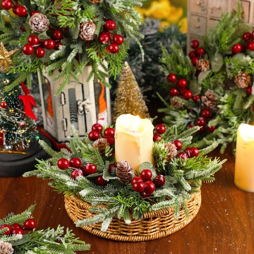 Lyrow Christmas Candle Rings - 6 Pcs Mini Wreaths with Artificial Berries & Snowy Pine | Festive Home Decor