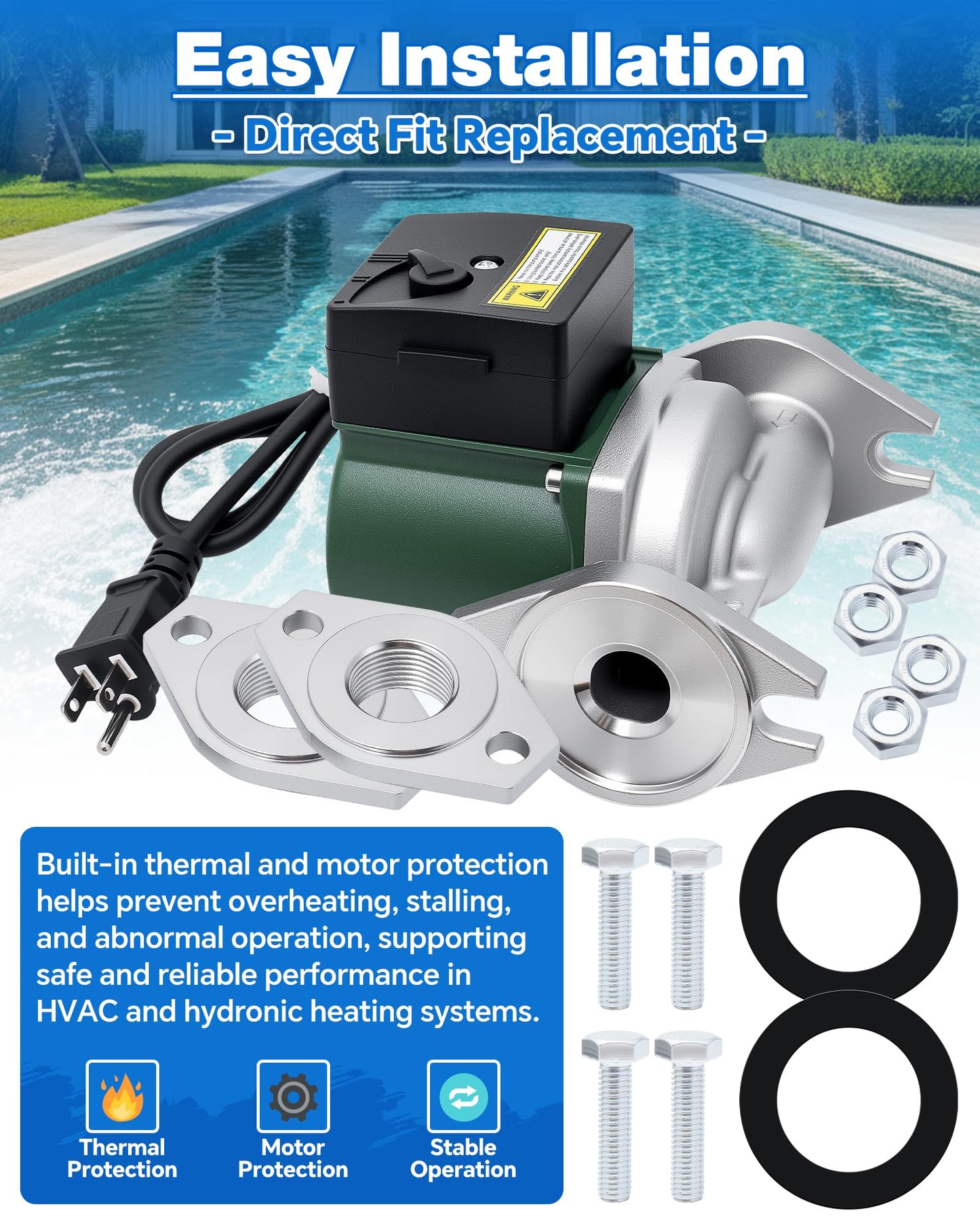 009-SF5 Water Circulating Pump Compatible with Taco Flanged High Velocity Cartridge Circulator Pump, 1/8 HP 115V 3250RPM 10GPM 150PSI, Replace# 009SF5