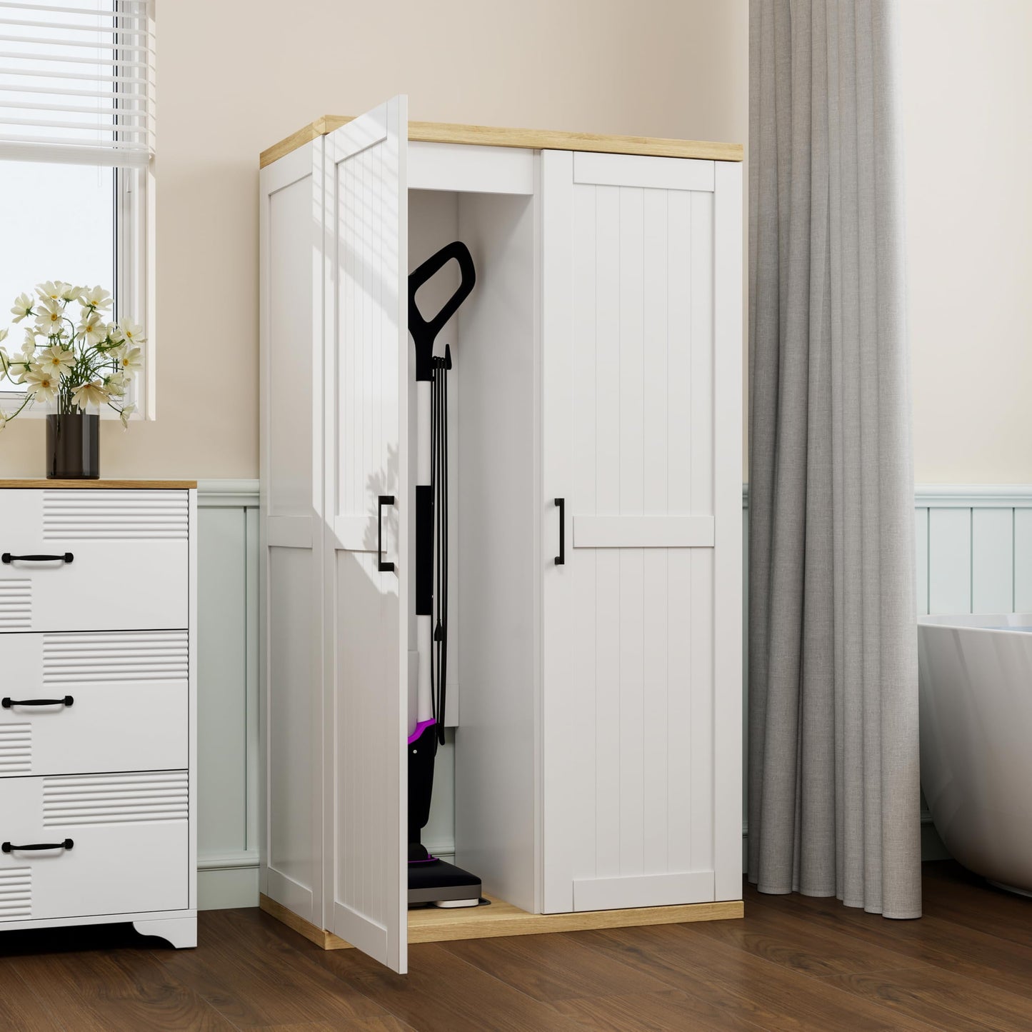 OQSC Wooden 55" Tall Broom Closet Storage Cabinet for Vacuum Cleaner & Floor Scrubbers with 2 Doors and Adjustable Shelf, Cleaning Supply Cabinet with Bottom Openwork for Laundry Room, Garage