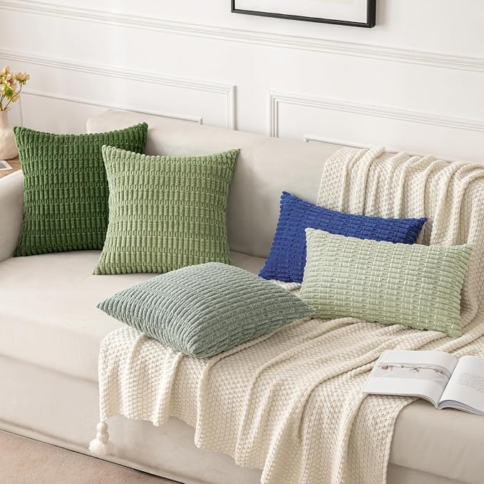 MIULEE Pack of 2 Spring Corduroy Decorative Throw Pillow Covers 18x18 Inch Soft Boho Striped Pillow Covers Modern Farmhouse Home Decor for Summer Sofa Living Room Couch Bed Moss Green