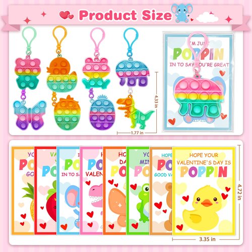 Jyusmile Valentines Day Cards for Kids School - 24 Pack Assorted Pop Fidget Keychains Bulk, Valentine's Day Gifts for Kids Classroom Exchange, Valentine Cards Party Favors for Boys Girls