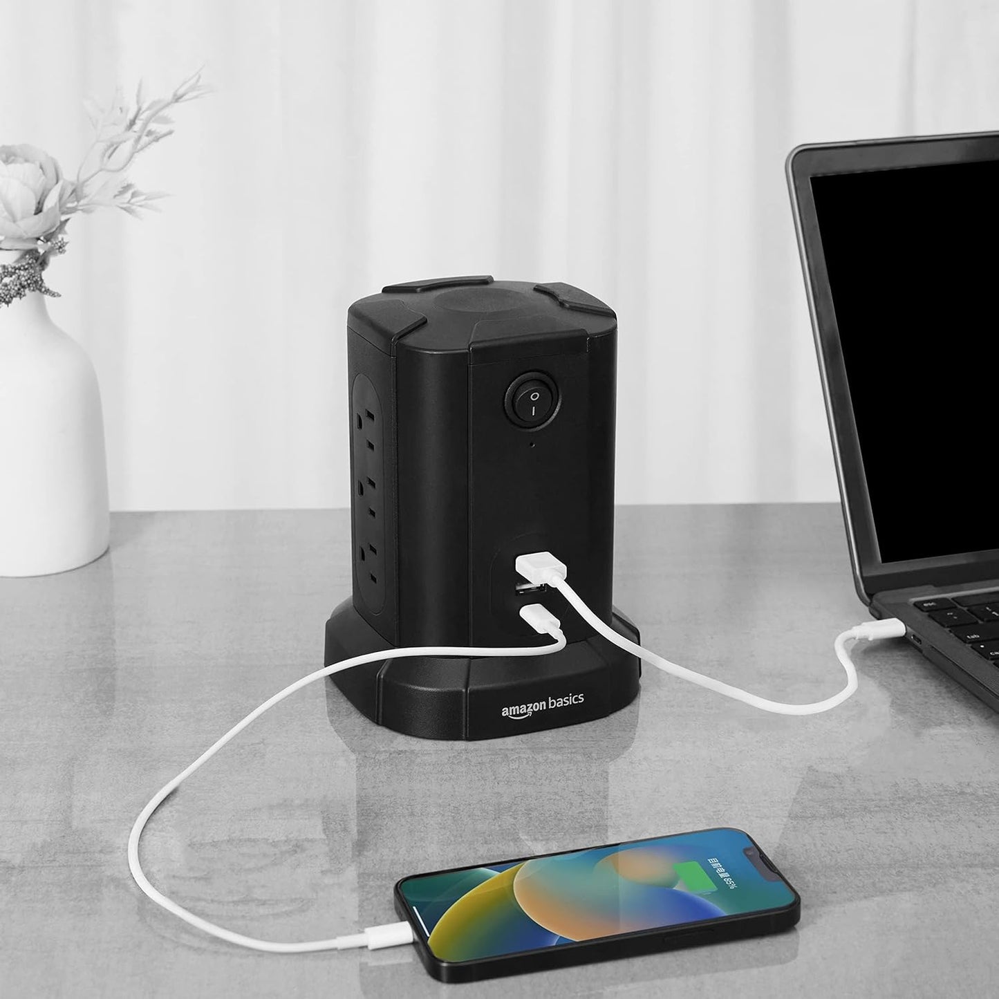 Amazon Basics 1080J, 9 (2 1 15A, 6ft Power Strip Tower Charging Station, Surge Protector Outlet with Integrated USB