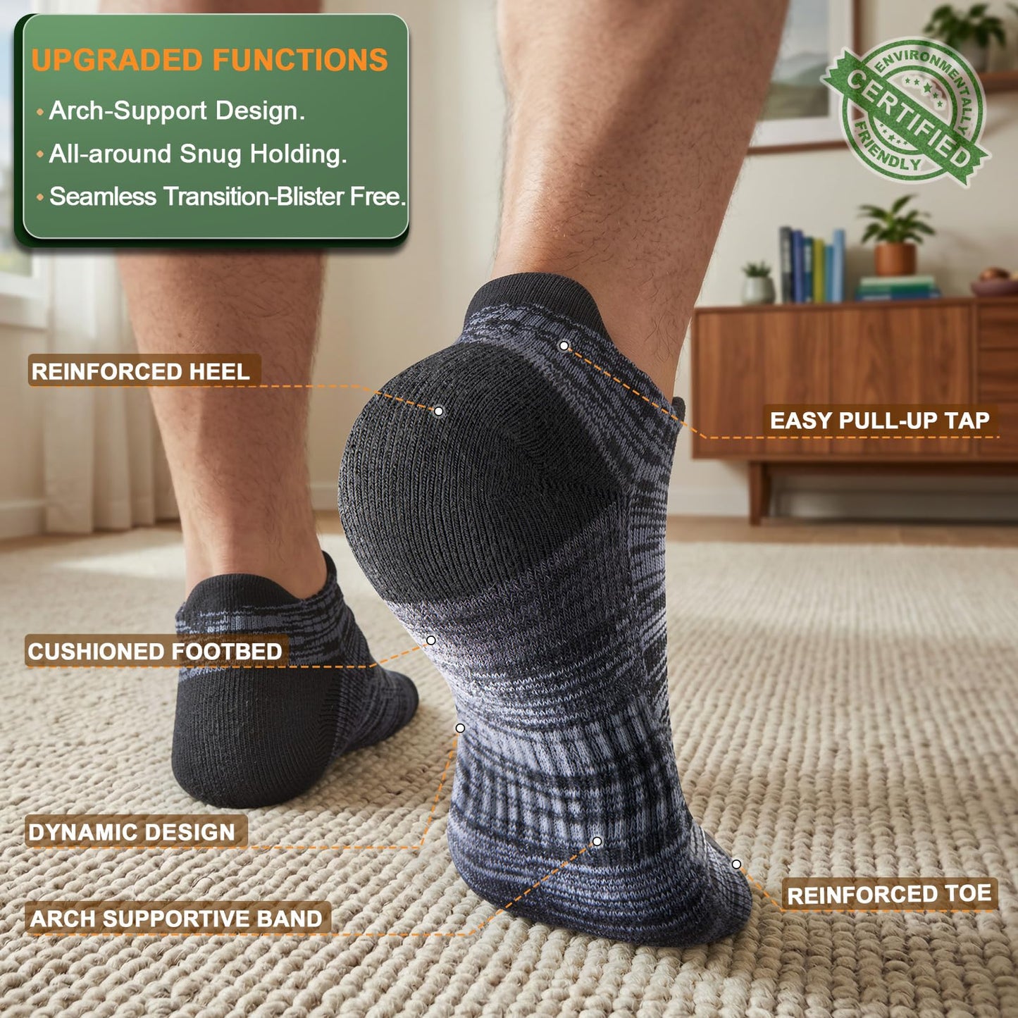 BULLIANT Men Active Running Socks 6-Pairs, Nylon Blend Cushioned Compression Ankle Socks, Arch Support Breathable Wicking(6Pairs,Shoes Size:Men 10-12)