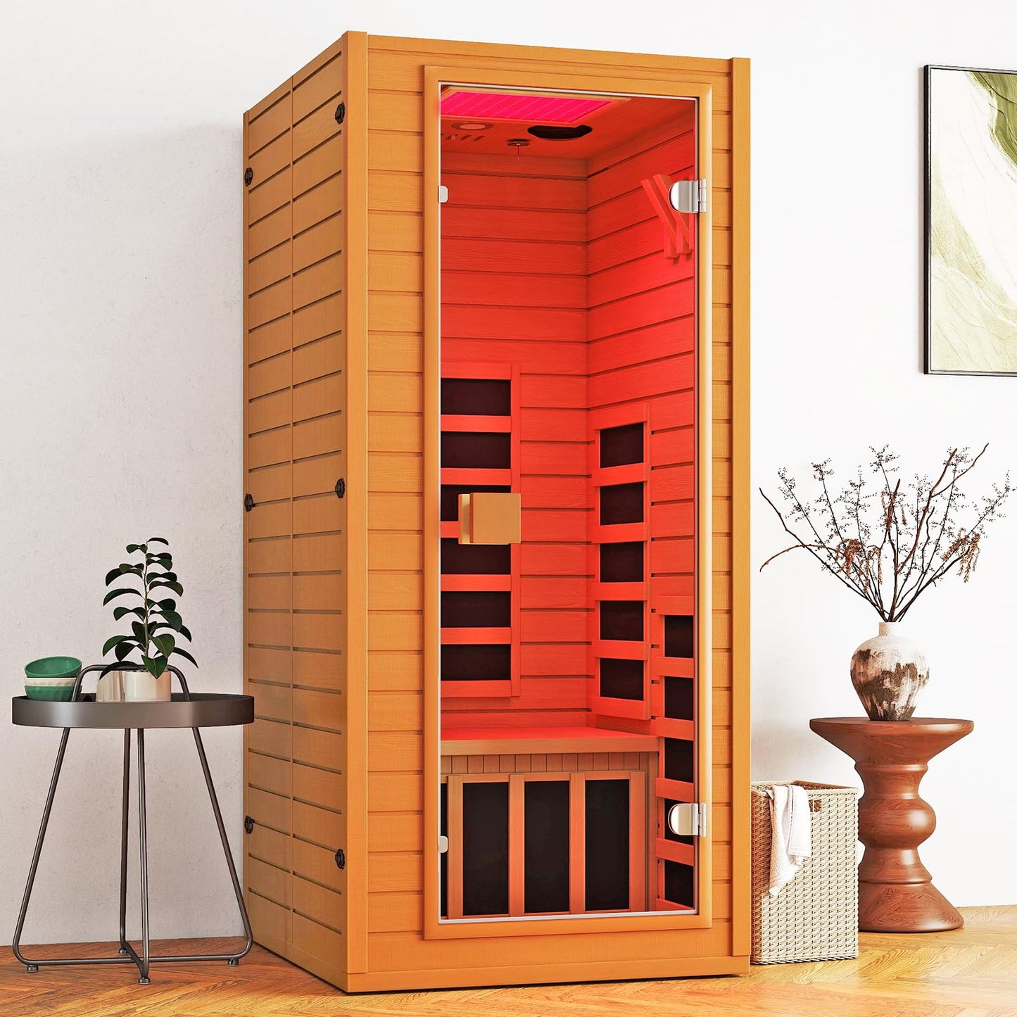 Real Relax Infrared Sauna with 660 & 850nm Red Light Therapy, Full Spectrum Sauna with 7 Heater, 1290w 120v, Fast Heat-Up, 1 Person Canadian Hemlock Wood Dry Sauna for Indoor, Home Gym, 31.5*30.3*67"