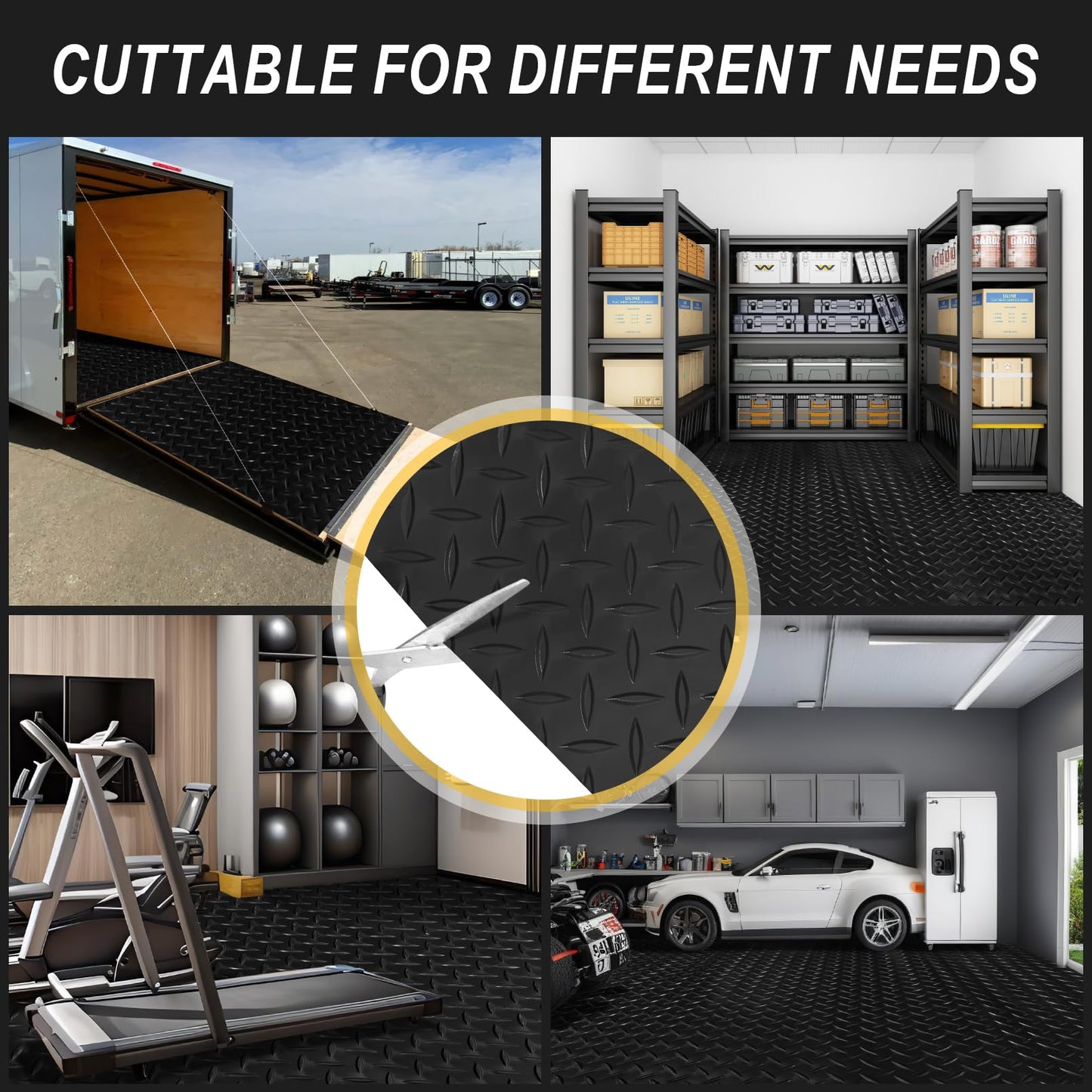 4x20FT Garage Floor Mat, 2.8mm Thickened Flooring Roll for Under Car, Golf Cart Parking Mat, Diamond Plate PVC Rubber Motorcycle Mat, Non-Slip Floor Protector for Garage Warehouse Trailer, Black