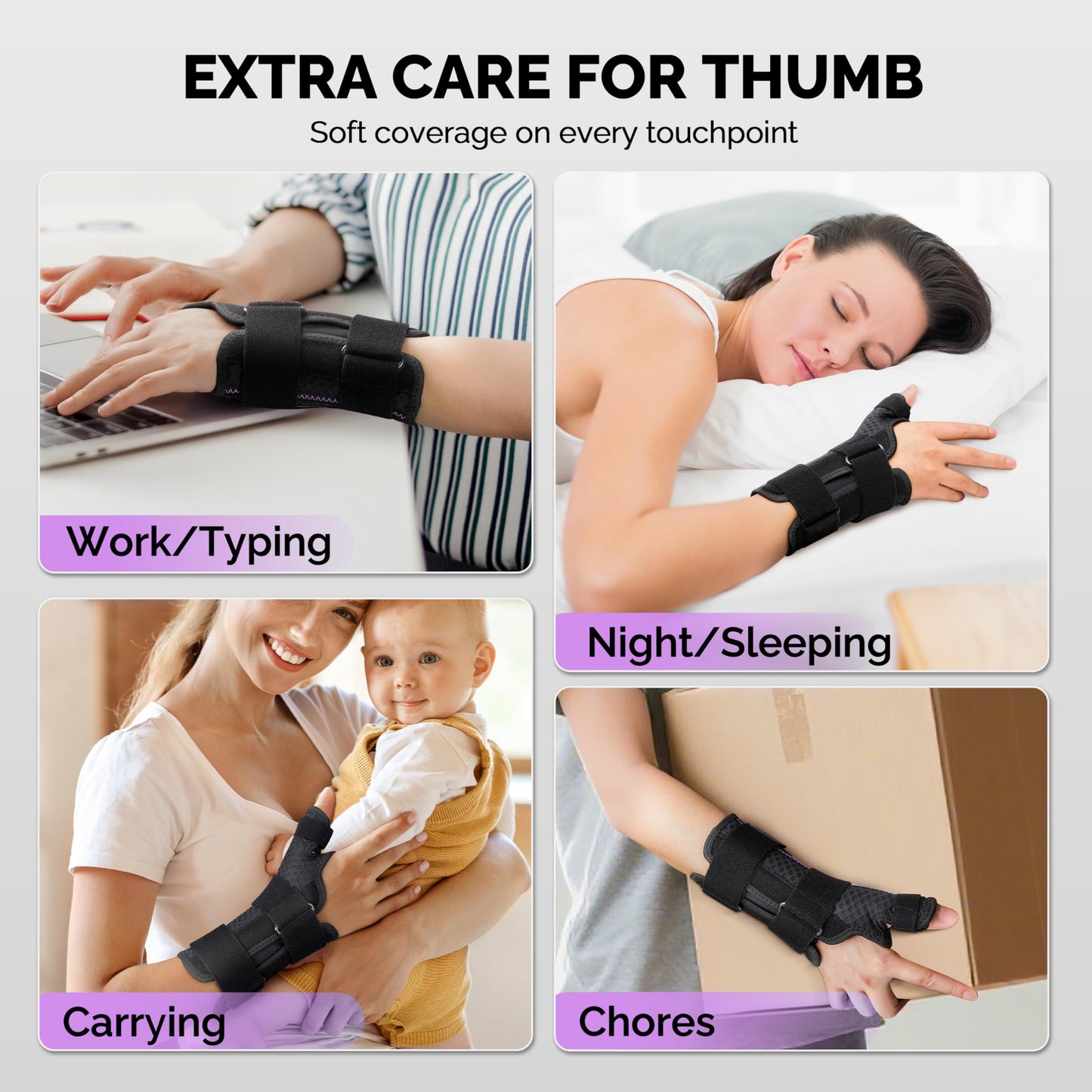 FEATOL Thumb Brace Left Hand - Ergonomic Support for Trigger Thumb, De Quervain's Tenosynovitis, Lightweight Wrist Brace for Carpal Tunnel, Size S/M, 5"-6.5", Black Purple