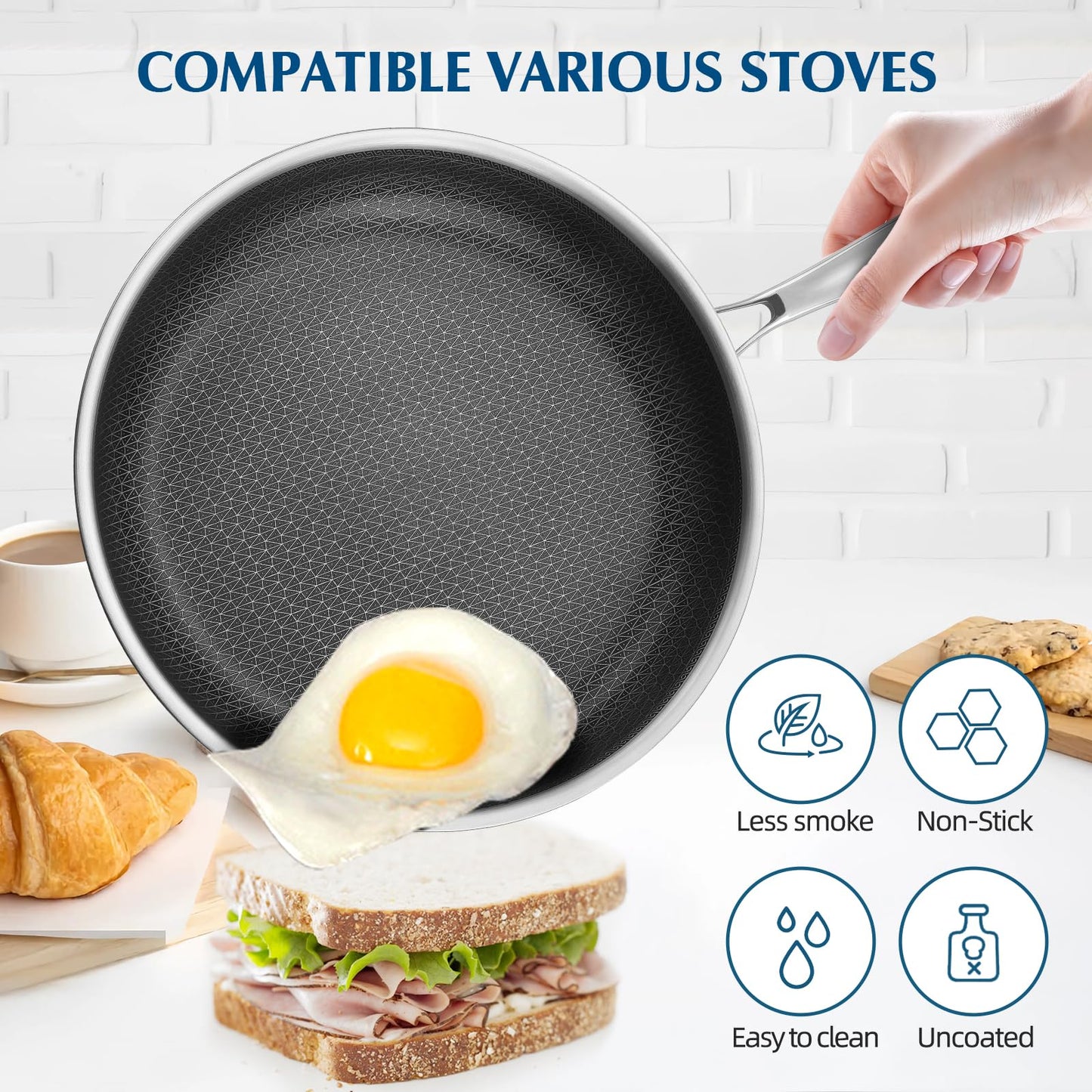 Dingerkit Nonstick Frying Pans, 12 inch Stainless Steel Frying Pan Non Stick with Honeycomb for Kitchen and Camping - Dishwasher and Oven Safe Skillet, Induction Gas Ceramic Cookware.