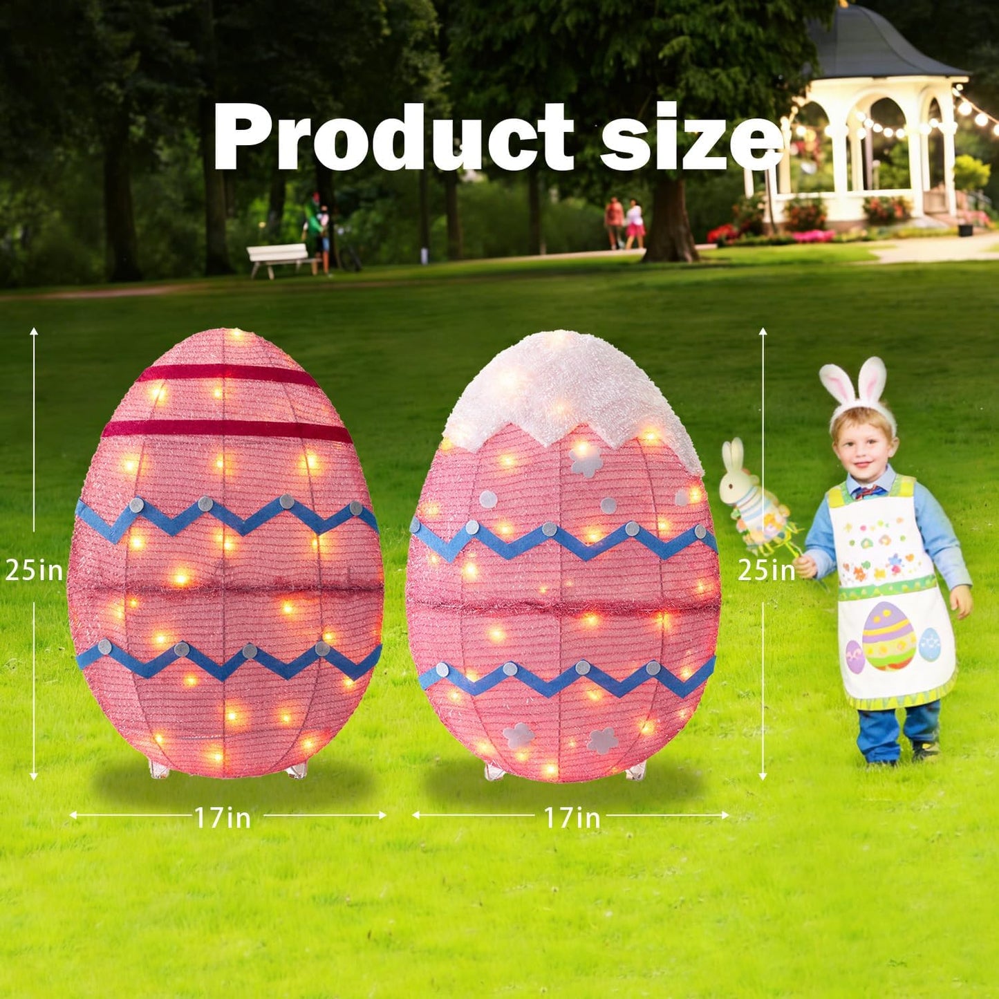 Skiennix Outdoor Easter Decorations - Set of 2 Lighted Metal Eggs, 34 Inch, Plug-In LED Lights for Lawn & Garden