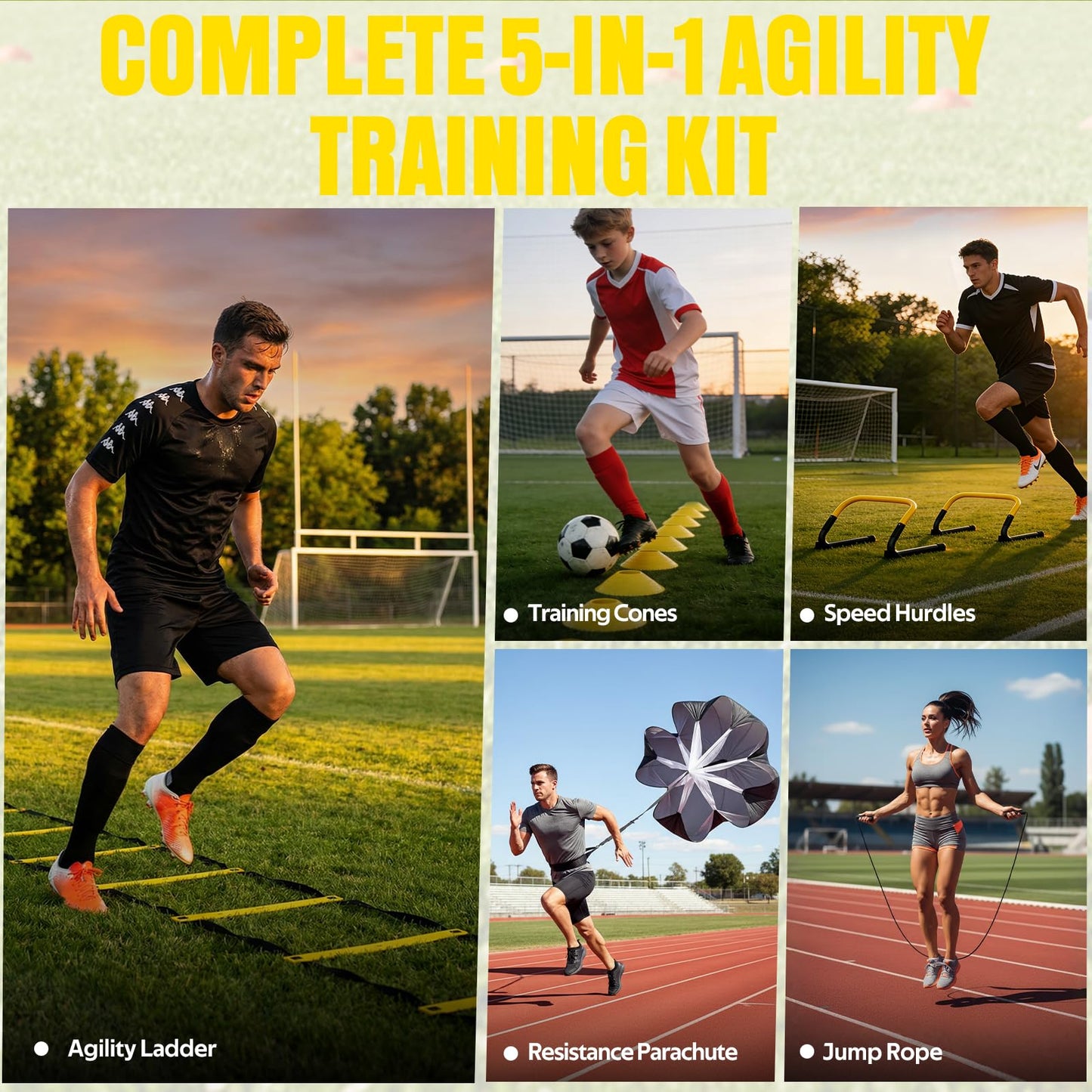 Agility Ladder,Soccer Training Equipment Set-20ft Speed Ladder,12 Soccer Cones,4 Hurdles,Jump Rope,Running Parachute,Basketball Football Agility Training Equipment for Kids, Youth, Adults (Yellow)