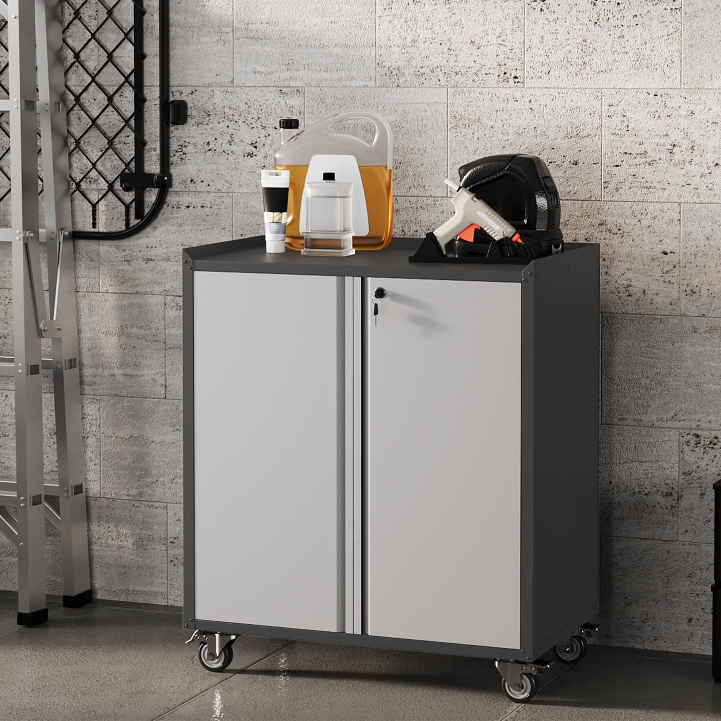 ExploreHorizon 35.43" High Heavy Duty Garage Storage Cabinet, Locking Metal Cabinet with Door, Rolling Tools Chest Cart Adjustable Shelf, Tool Cabinets for Home Office Workshop