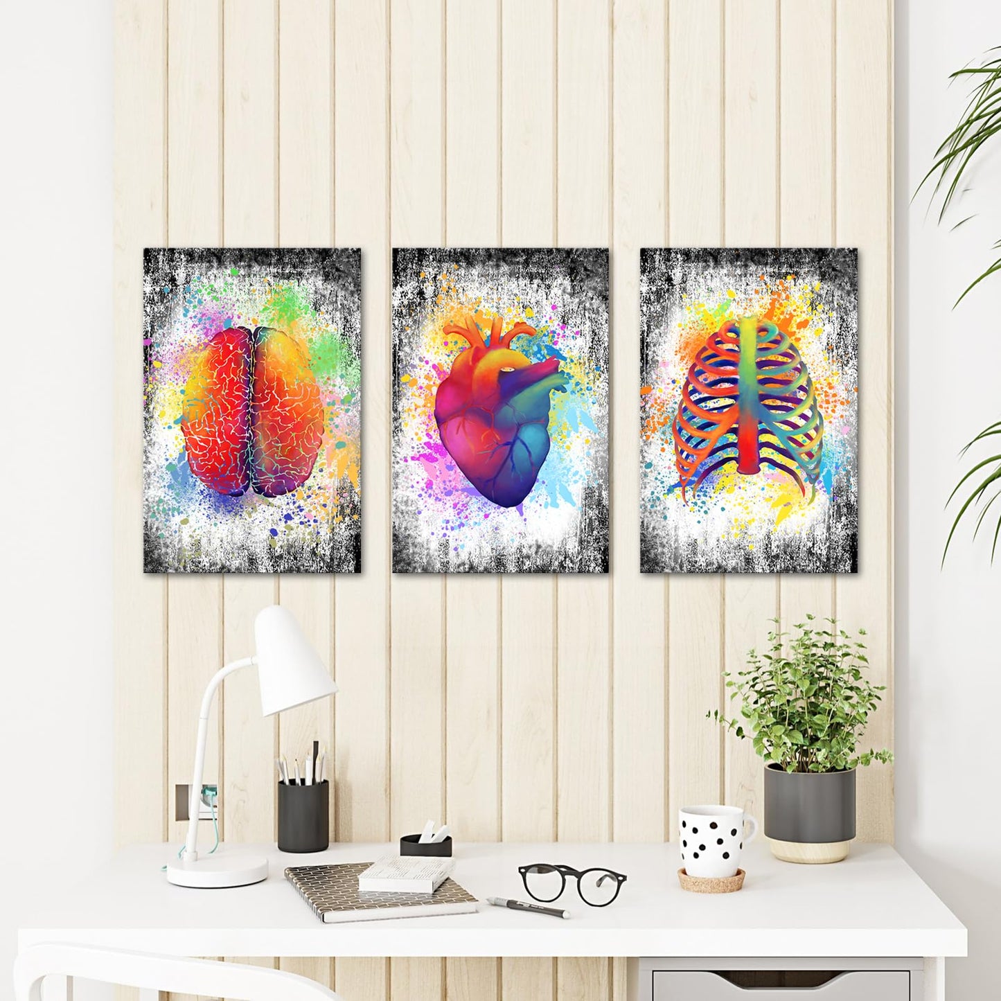 sechars Canvas Wall Art Human Brain Rib Cage Heart Painting Art for Medical Office Wall Decor Education Science Artwork Framed Gifts for Students Doctors (16x24inchesx3pcs)