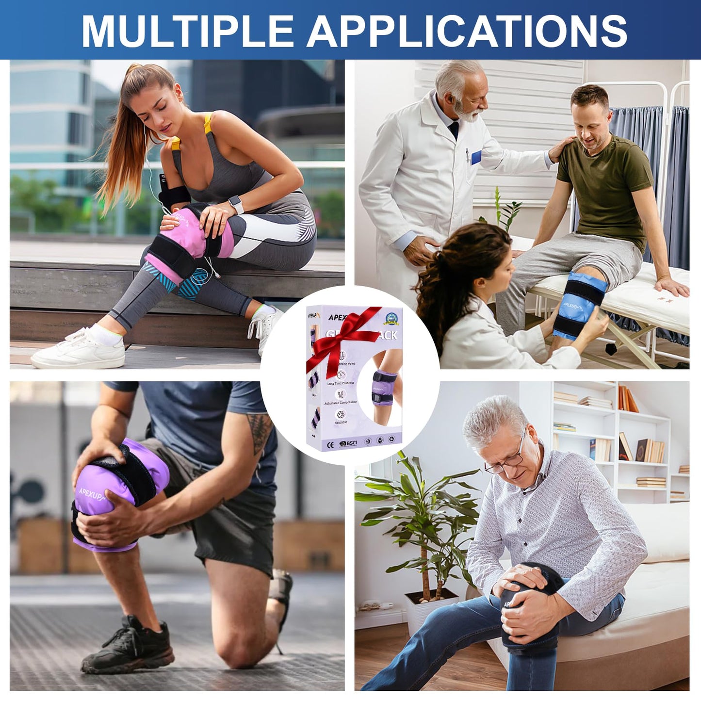 APEXUP Ice Pack for Knee Pain Relief, Large Reusable Wrap After Surgery, Flexible Gel Cold Pack for Injuries, Pain Relief for Back, Shoulder, Elbow, Ankle and Leg (Blue, L, 1PK)