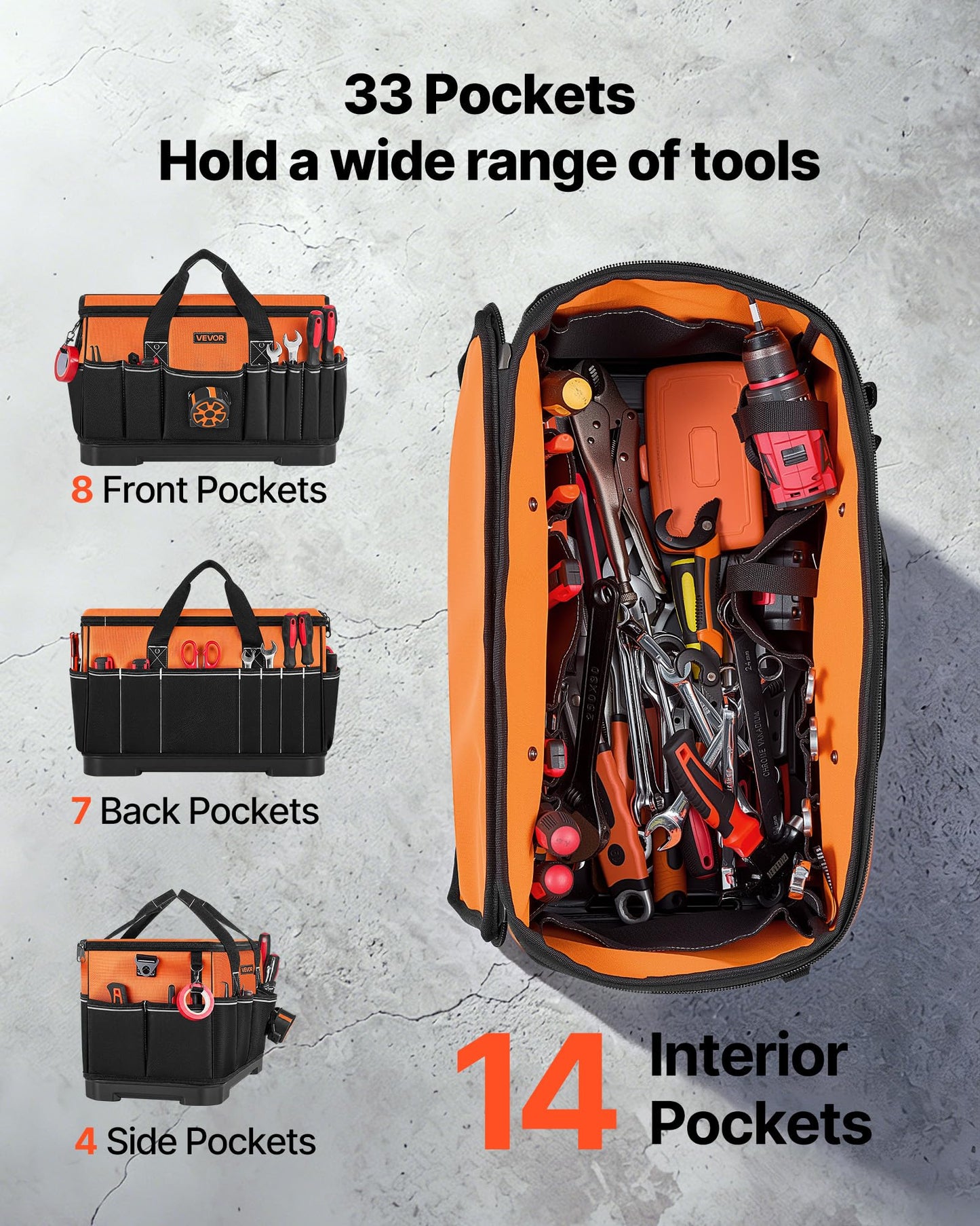 VEVOR Tool Bag, 19.1 Inch, 33-Pocket Portable Large Tool Box Organizer Storage, Toolbox with Water-Resistant Base, Zipper, Adjustable Shoulder Strap Toolbag, for Men Women Dad Husband Fathers Day
