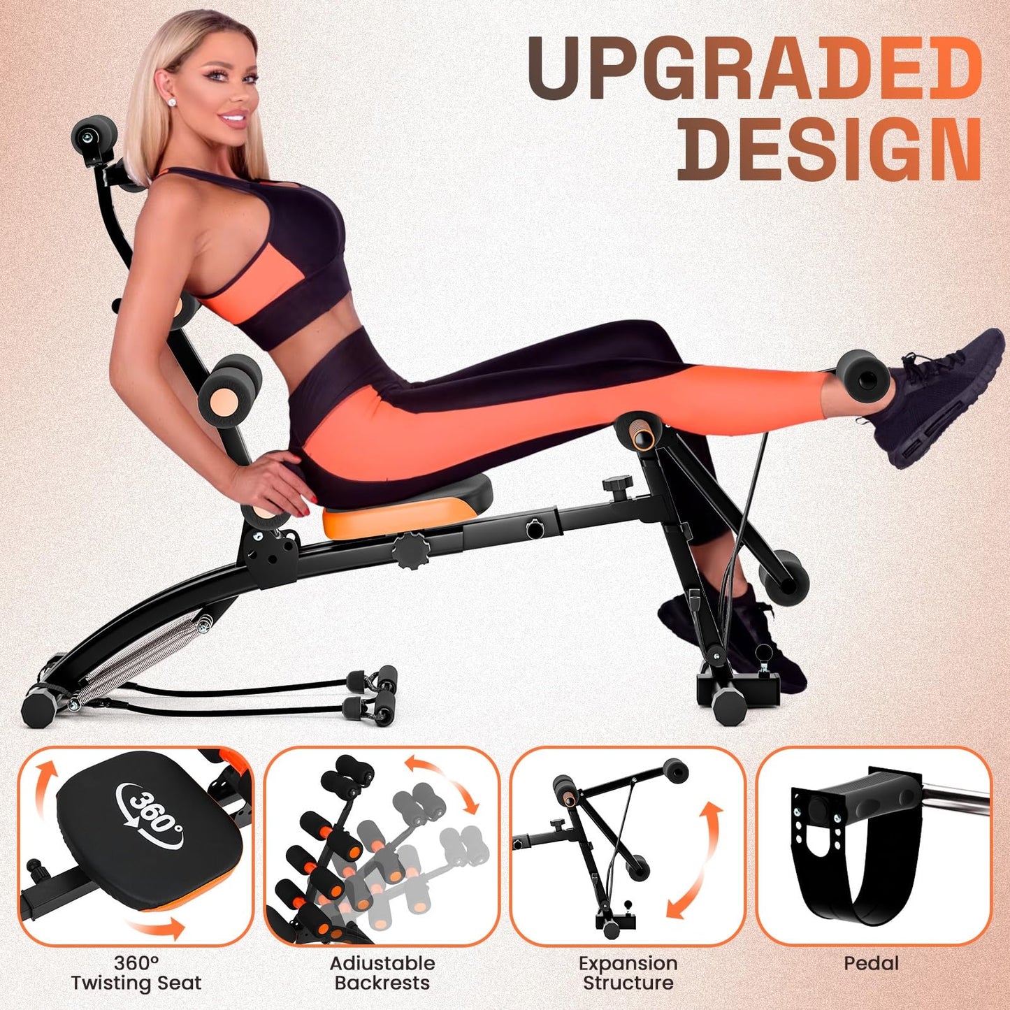 Multi-Function Ab Workout Bench with Resistance Bands and Preacher Curl Pad, Adjustable Ab Crunch Machine, Foldable Sit-Up Bench for Home Gym Strength Training and Leg Extension Black
