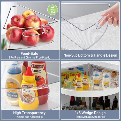 Leeden Lazy Susan Organizer for 32" Diameter Corner Lazy Susan, Plastic Kitchen Cabinet Storage Bins with Handle, 6 Packs, 1/8 Wedge - Food Safe, BPA Free