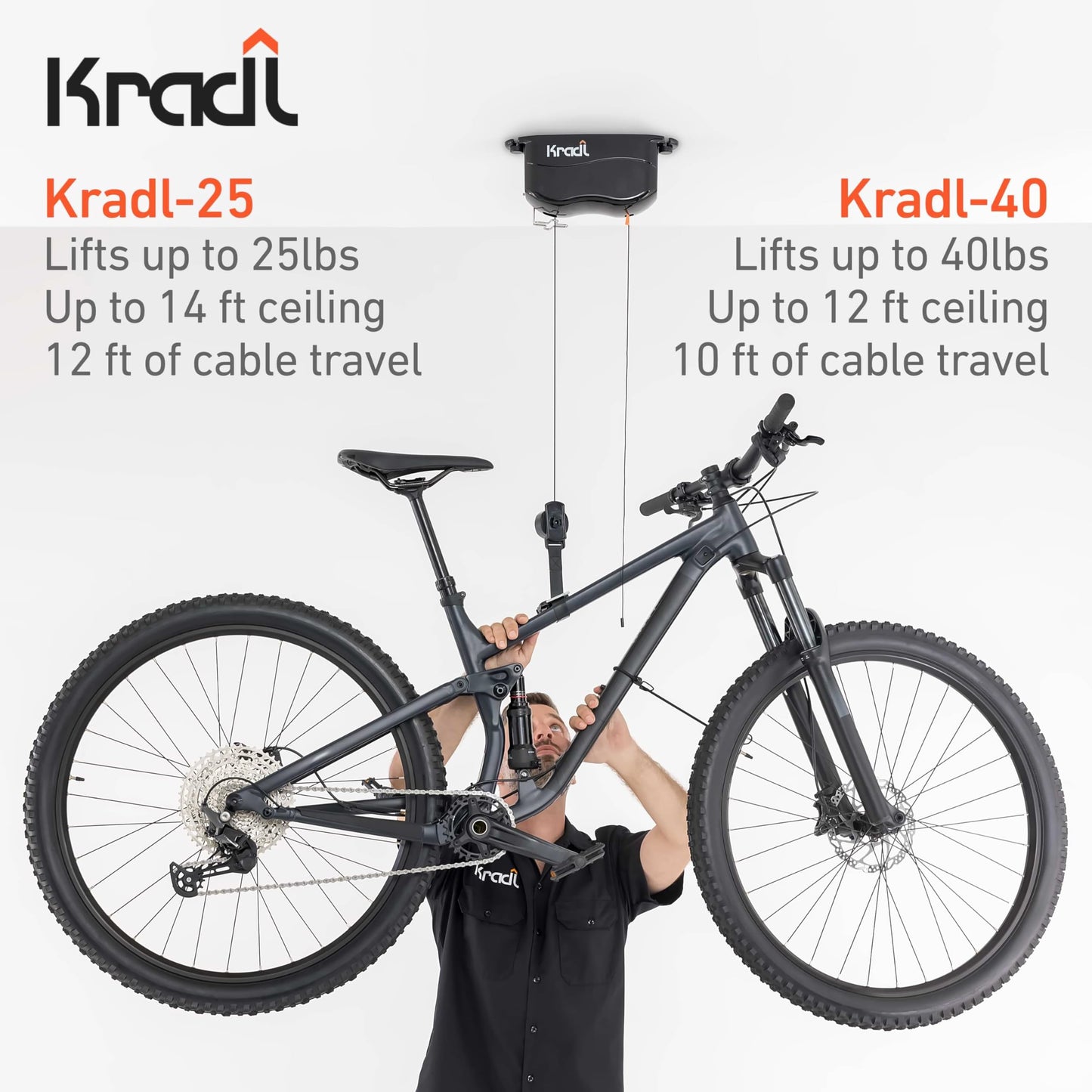 Kradl - Ceiling Mount Bike Lift and Rack. Bicycle Storage Hoist Without Electricity, Clumsy Ropes or Pulleys. 25 Pound Capacity.