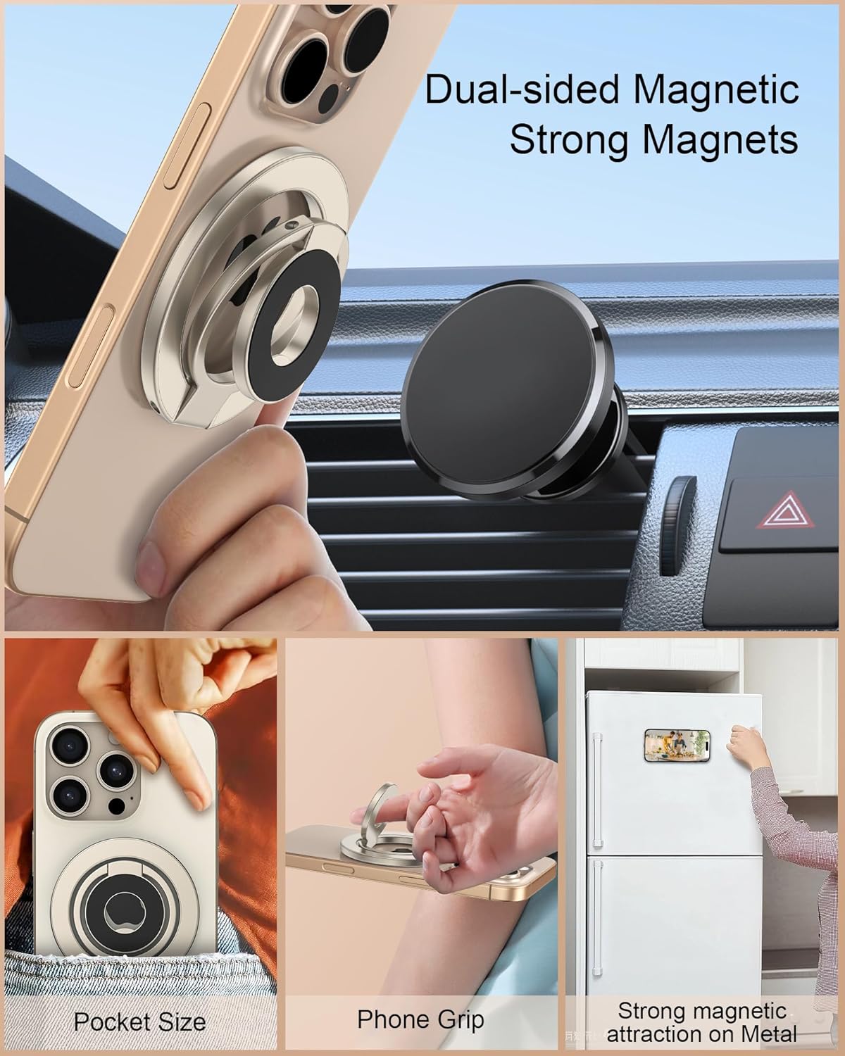 AILKIN 17e, Portable Magnetic Phone Ring Stand, Dual-Side Phone Grip Holder for iPhone Samsung, Foldable Kickstand