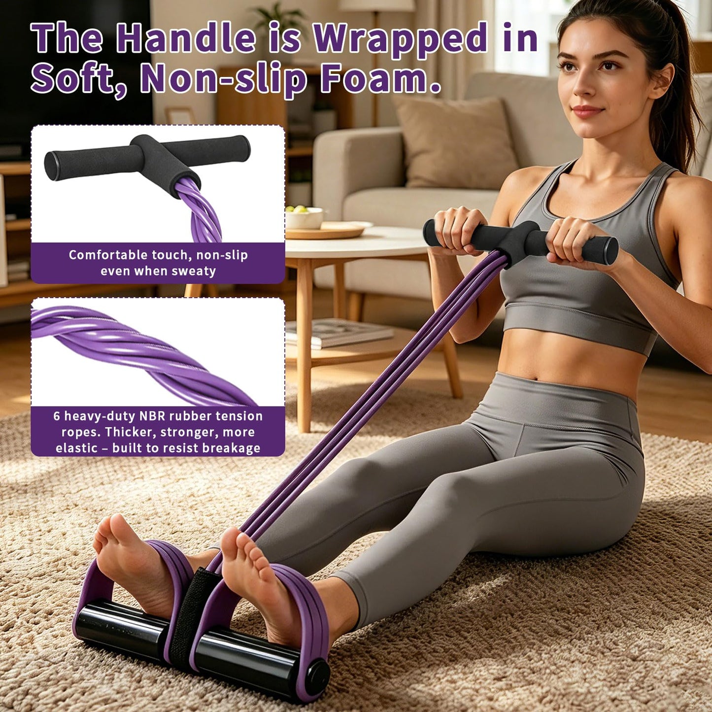 Kammoy 6-Tubes Tension Rope, Multifunction Elastic Yoga Pedal Puller Resistance Band, Natural Latex Tension Rope Fitness Equipment, for Abdomen, Waist, Arm, Leg Stretching Slimming Training (Purple)