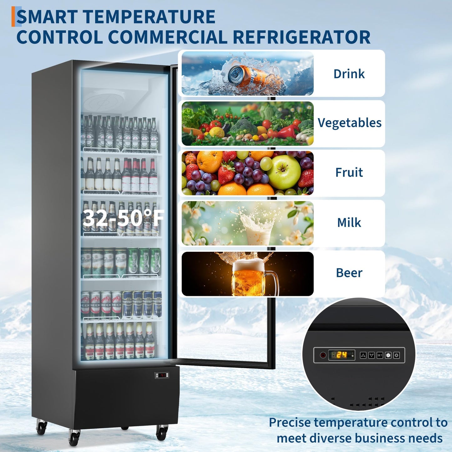 17.7 CF Commercial Refrigerator Display Refrigerator, Glass Door Upright Fridge, Cooler with Adjustable Shelves, Beverage Refrigerator for Shop, Restaurant, Store, Kitchen Appliances, Black