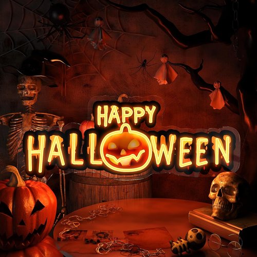 Happy Halloween Neon Sign - Dimmable Black & Orange LED Light for Spooky Party Decor