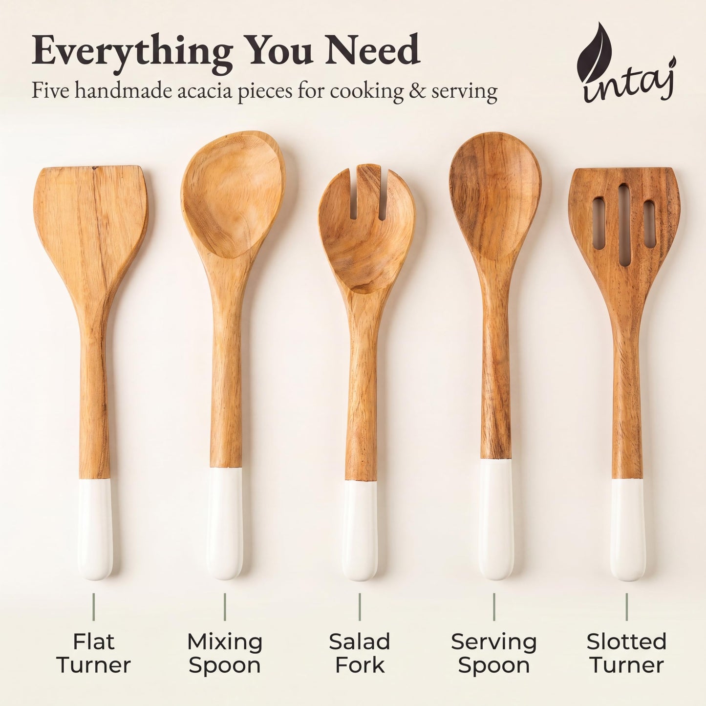 INTAJ Wood Kitchen Utensil Set – Handmade Wooden Spoons & Spatula for Cooking and Serving 5-Piece Acacia – Durable, Smooth Surface & Gentle on Cookware – Easy to Clean Kitchen Tools