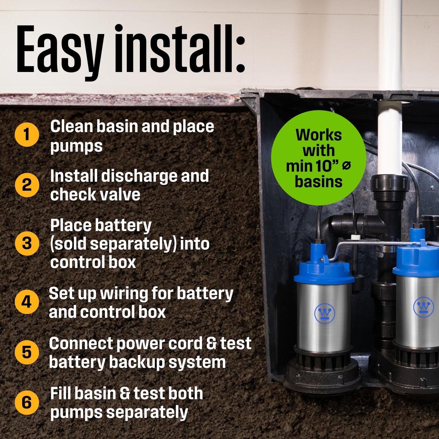 Westinghouse Battery Backup Sump Pump System – 1/2 HP Dual Sump Pumps with Automatic Switchover, Stainless Steel Construction, Top Suction Design, Basement Flood Protection