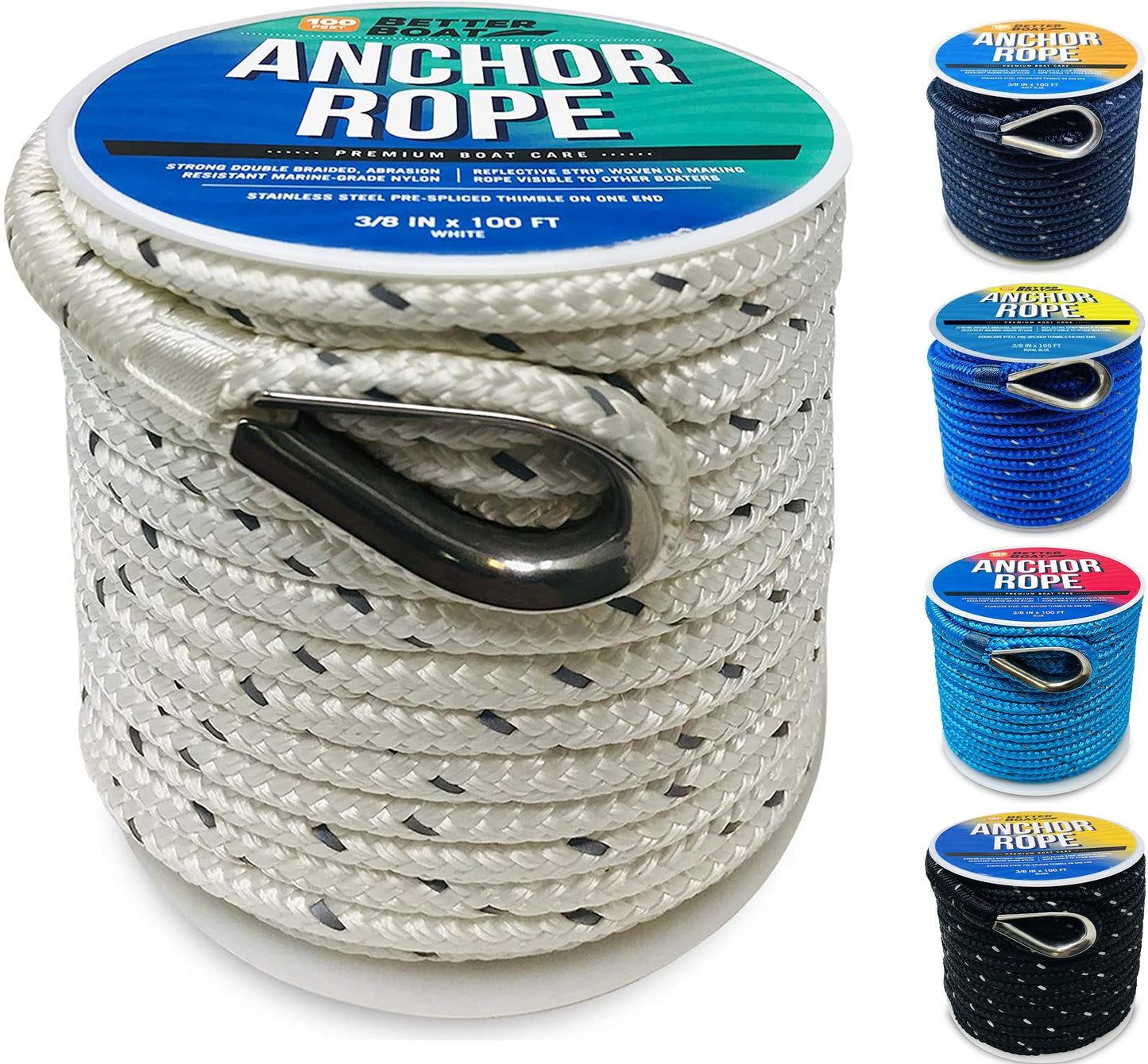 Better Boat Premium Anchor Rope, 100 Ft Double Braided White Nylon Marine Line, Reflective 3/8 Inch Reel for Anchors and Boats - White