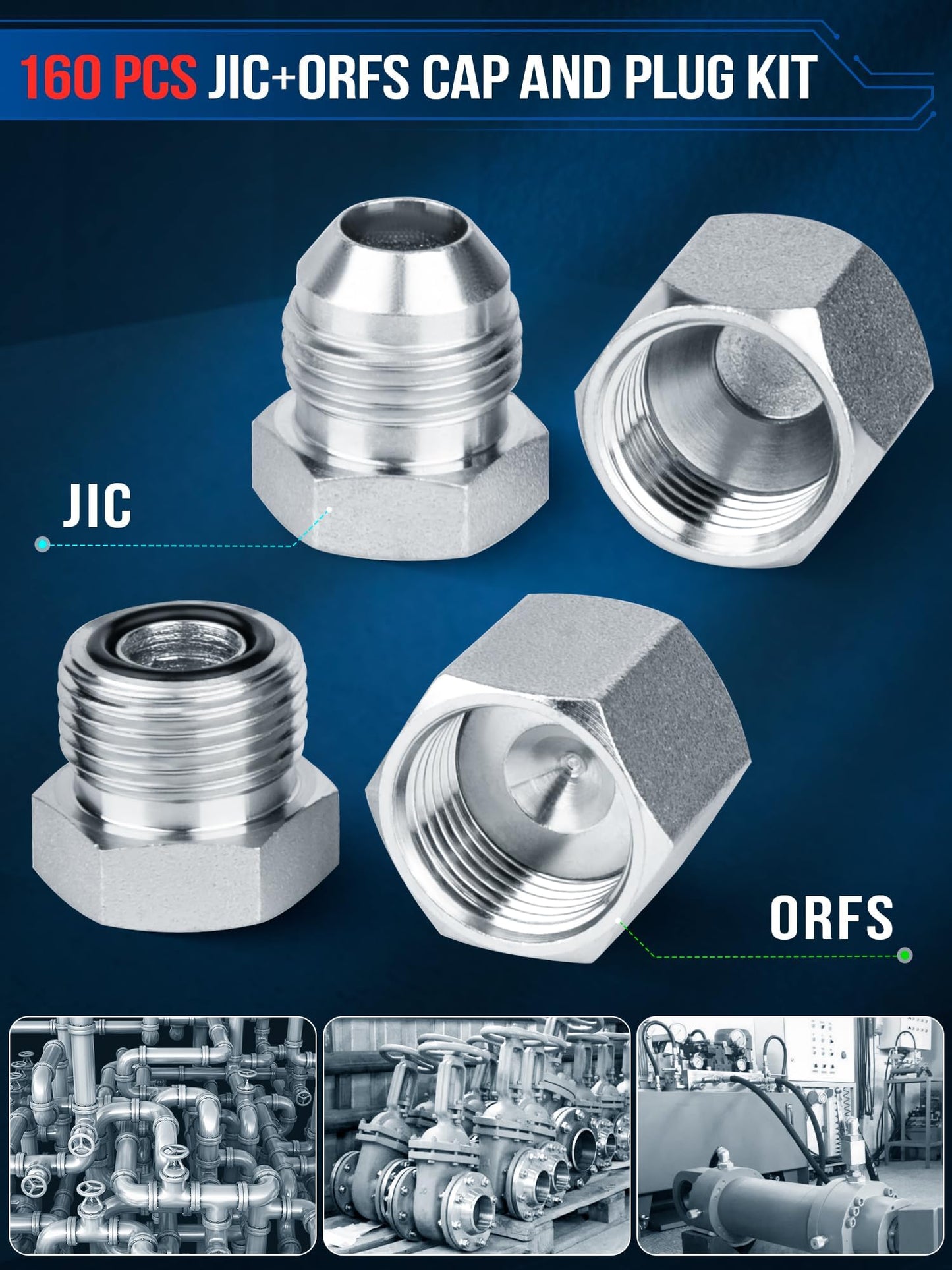 GOMJET 160 PC JIC and ORFS Master Industrial Hydraulic Cap and Plug Hose Tube and Pipe Fitting Kit Cap and Plug Kit Precision Threading in ORFS and 37° Dash Sizes 4 6 8 10 12 16