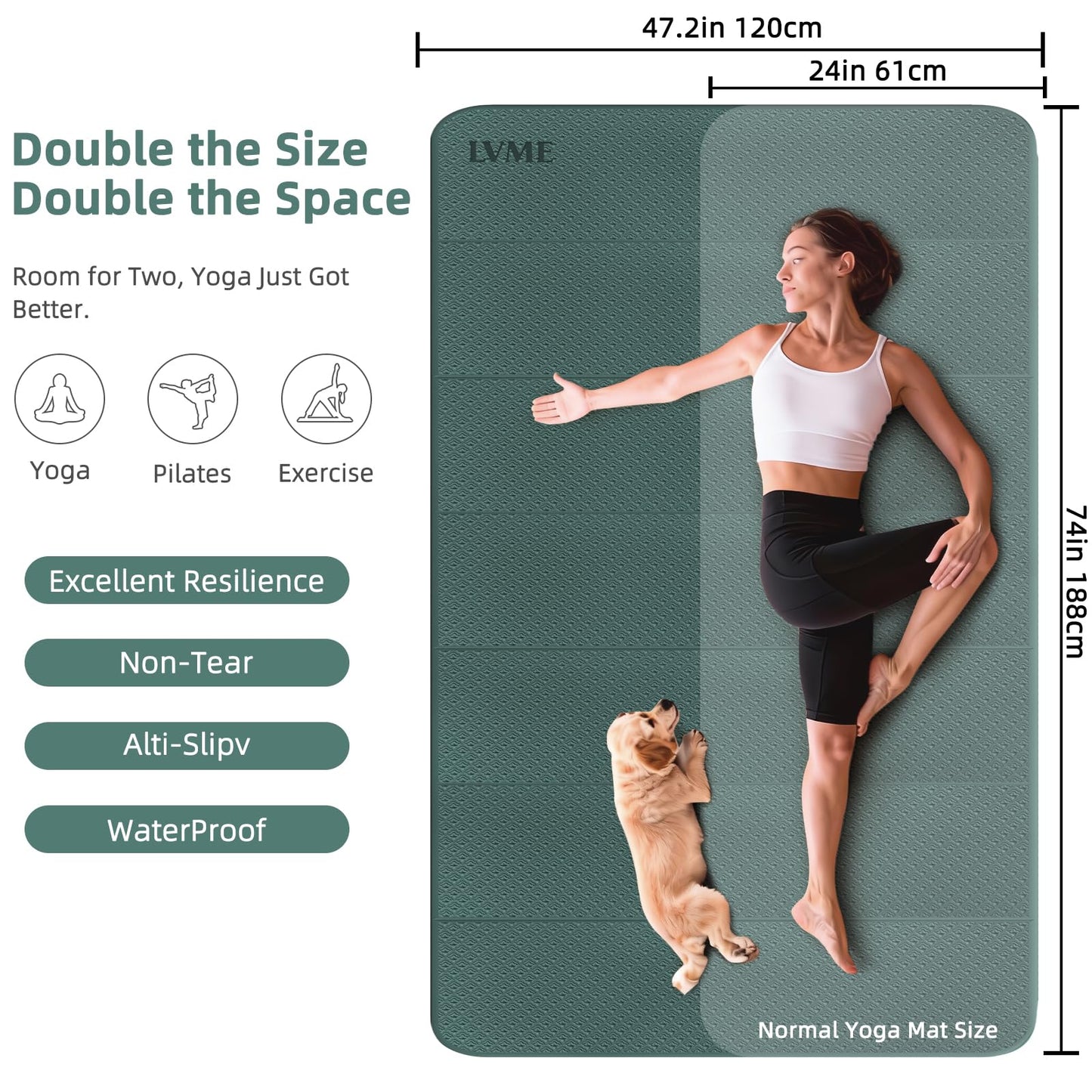 Large Yoga Mat, 74"x47.2" Extra Wide & Long Foldable Yoga Mat, 0.4" Thick Folding Yoga Mat, 2-Person Workout Mat for Home Gym, Extra Large Non-Slip Fitness Mat for HIIT, Yoga, Stretching, Portable Design for Easy Storage